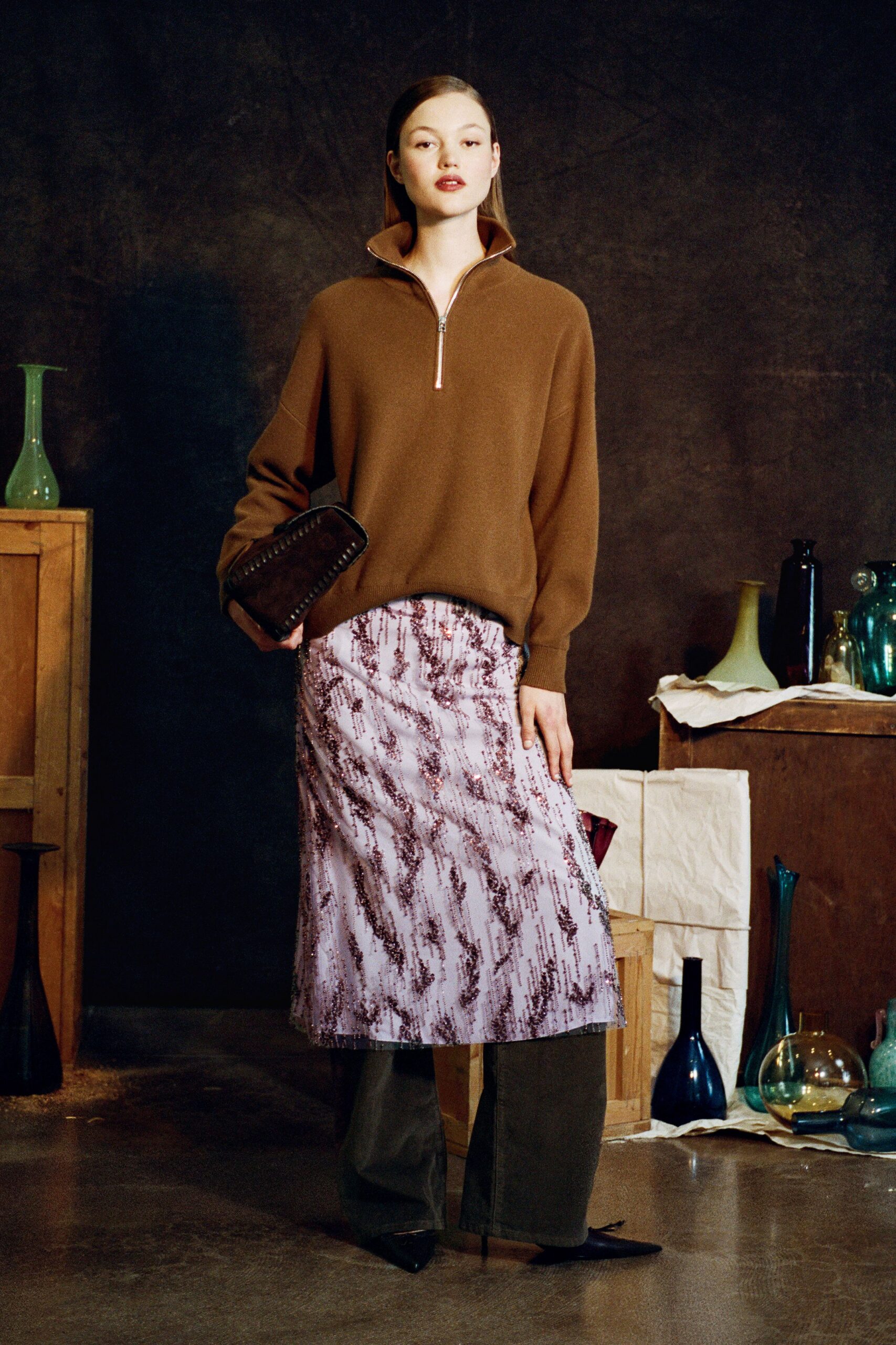 brown wool long-sleeve high-neck relaxed top