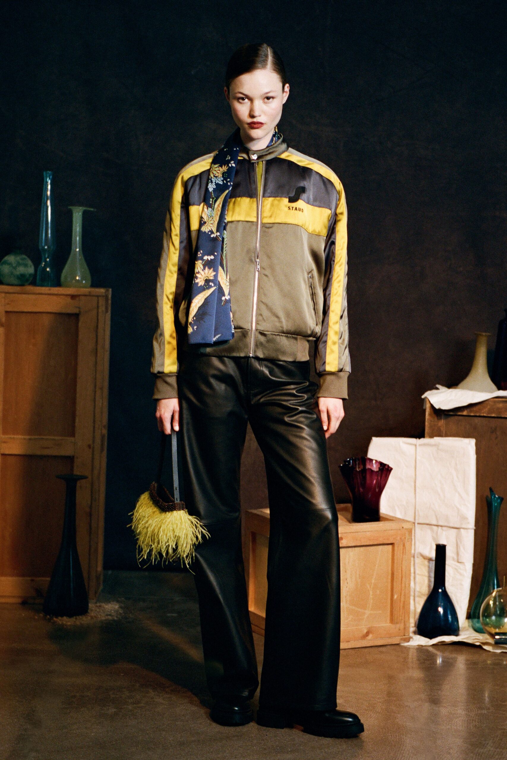 gray satin long-sleeve collared relaxed zippered jacket