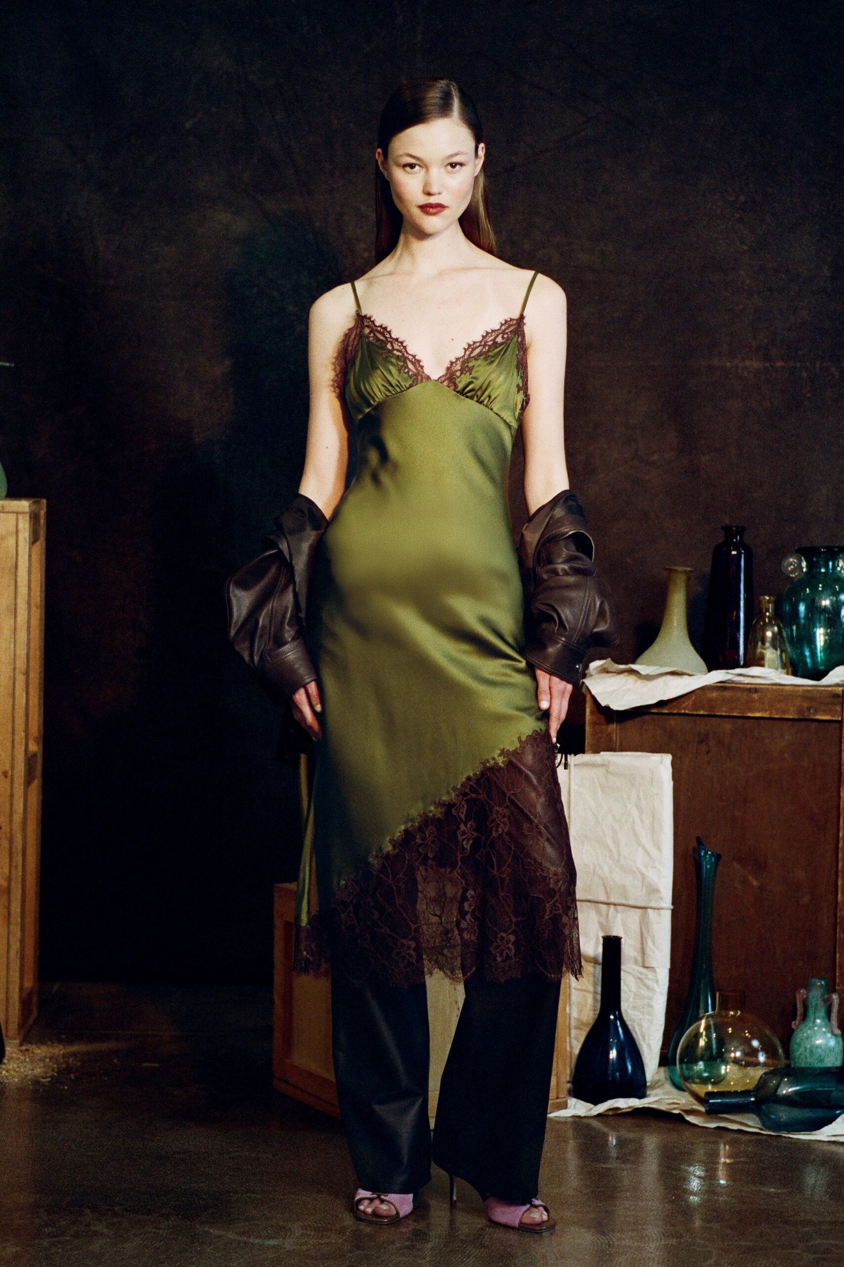 green silk sleeveless v-neck fitted layered ruched dress