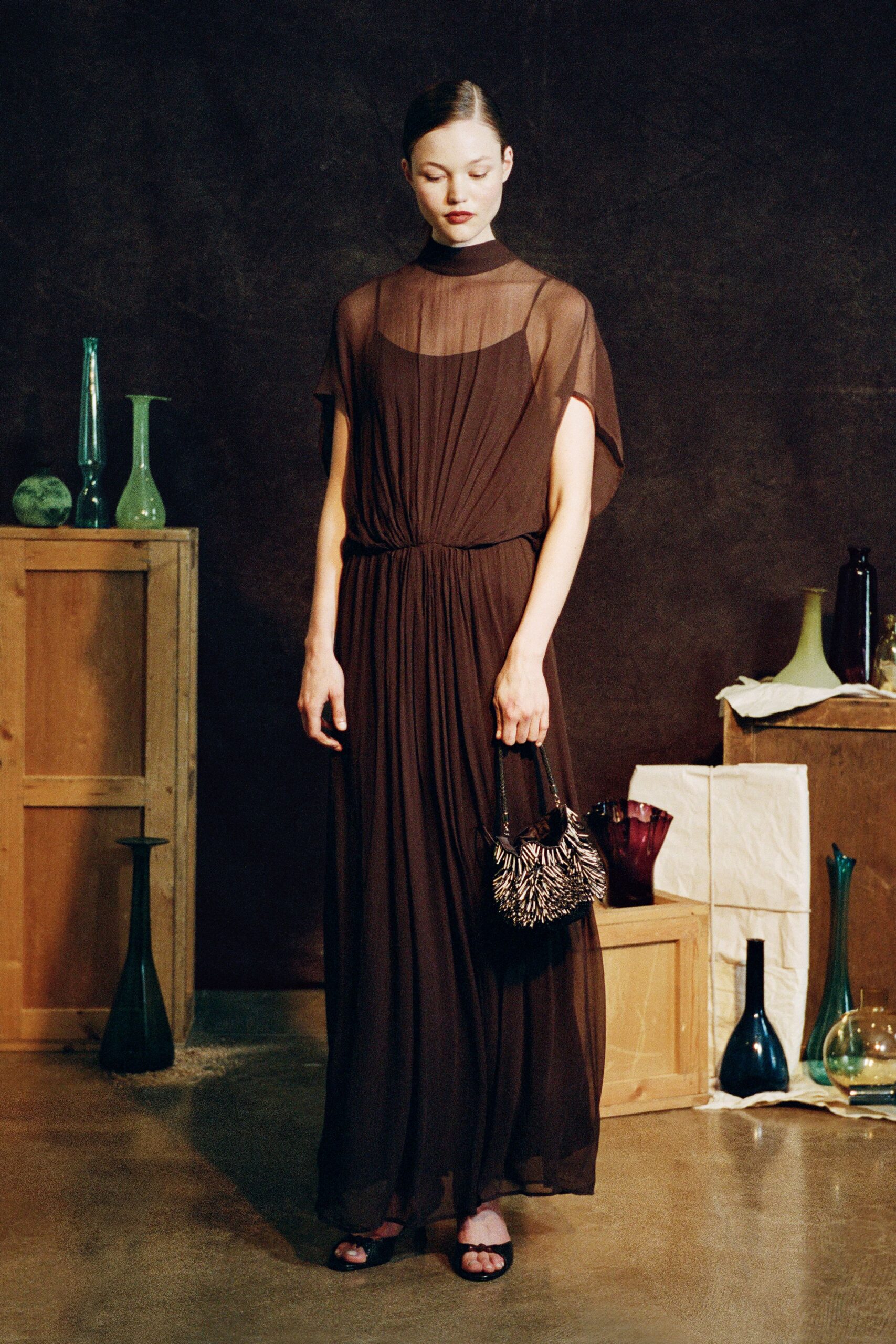 brown chiffon short-sleeve high-neck fitted pleated draped gown