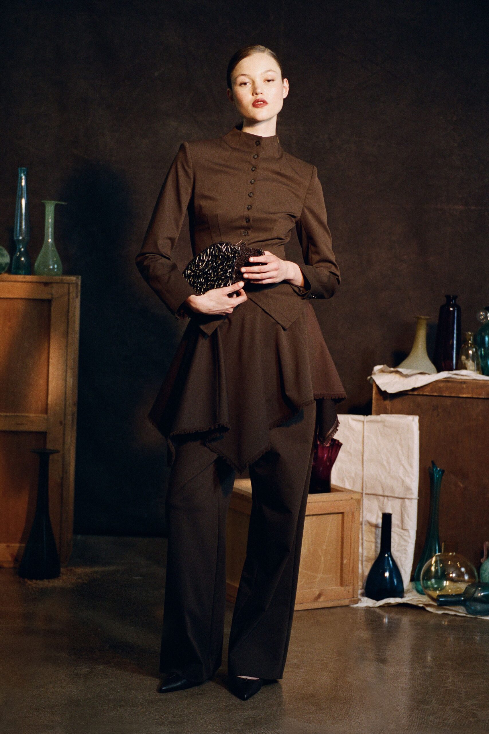 brown cotton long-sleeve collared fitted buttoned blazer