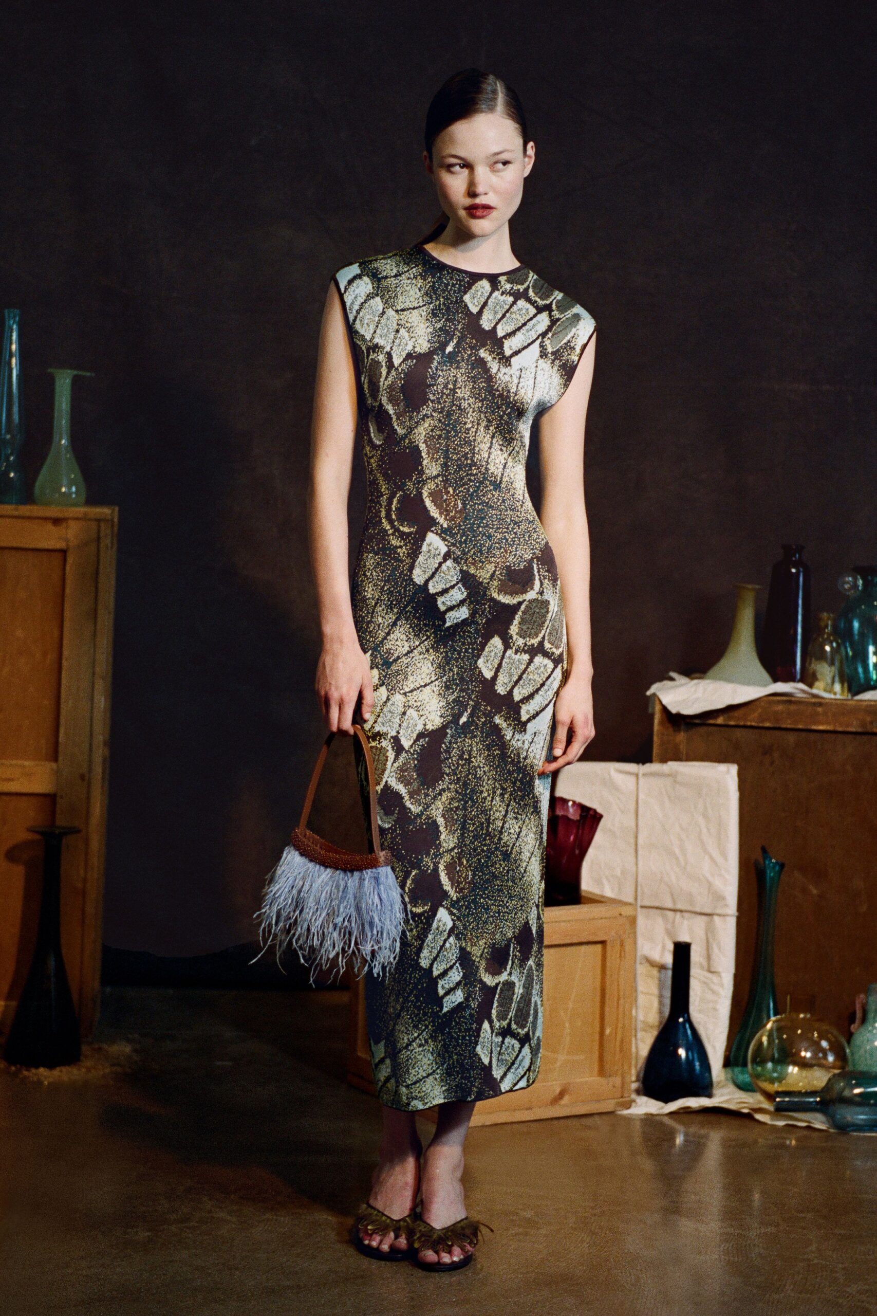 green silk sleeveless high-neck fitted printed midi dress