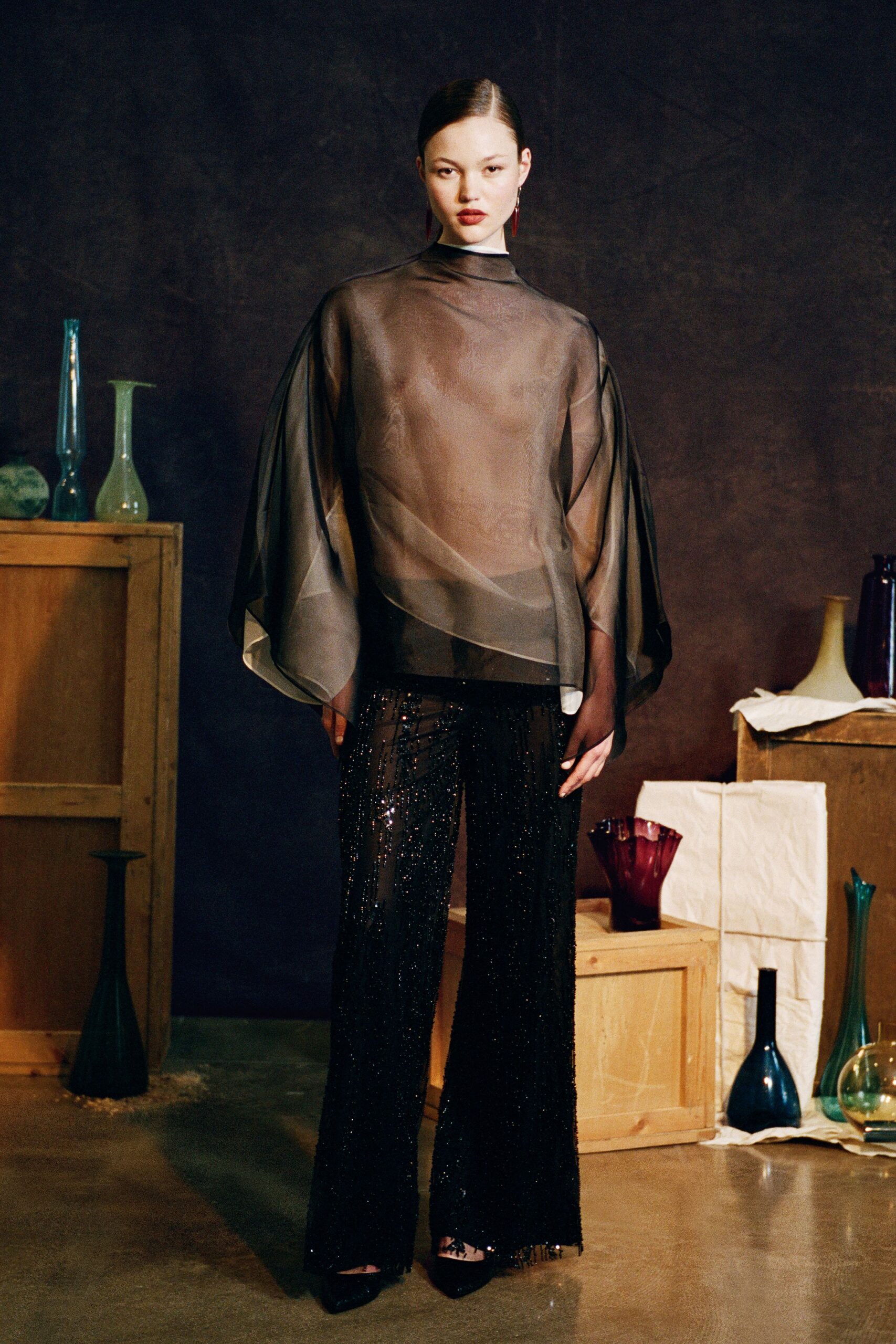 black silk long-sleeve high-neck relaxed sheer flowing top