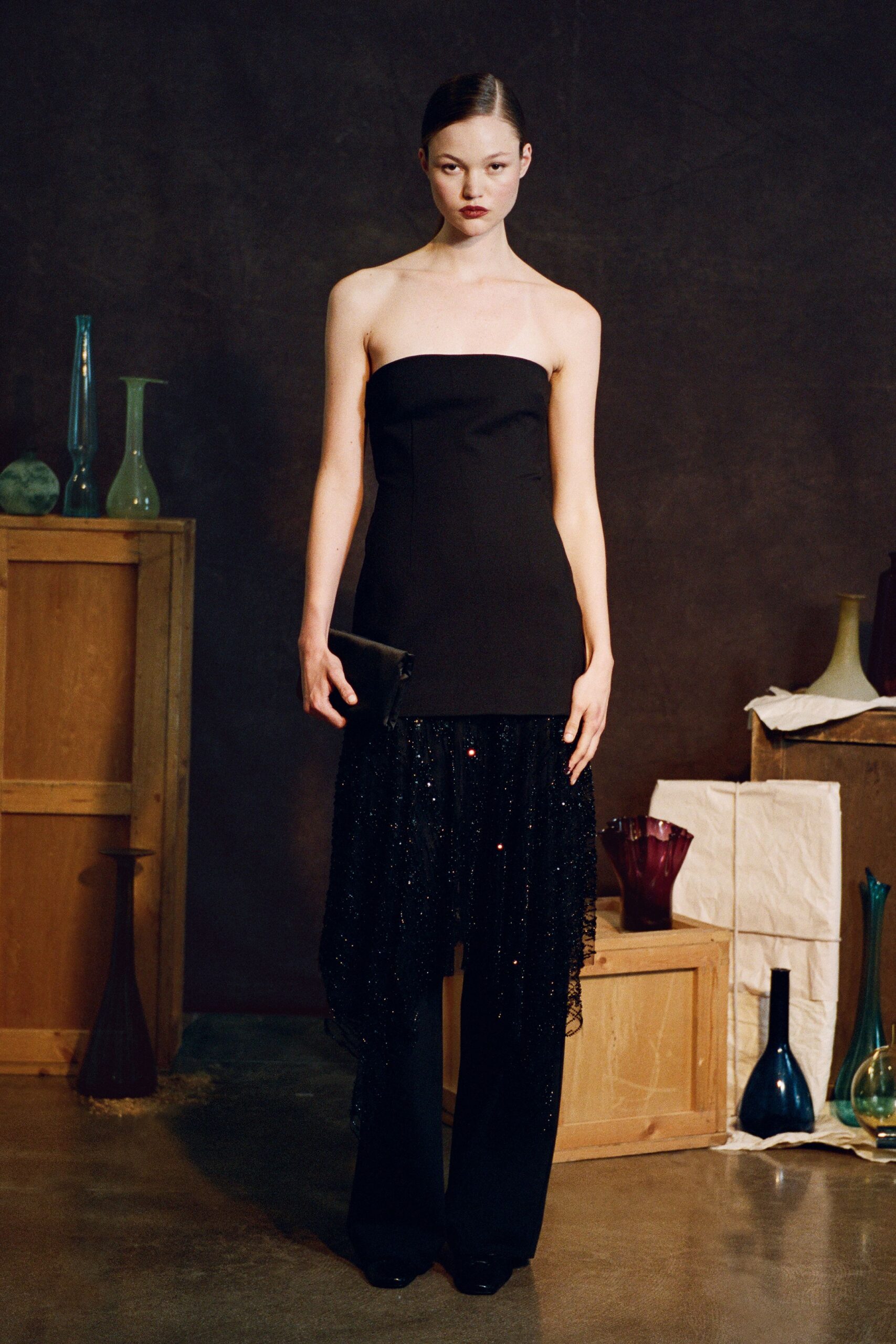 black silk strapless fitted layered top