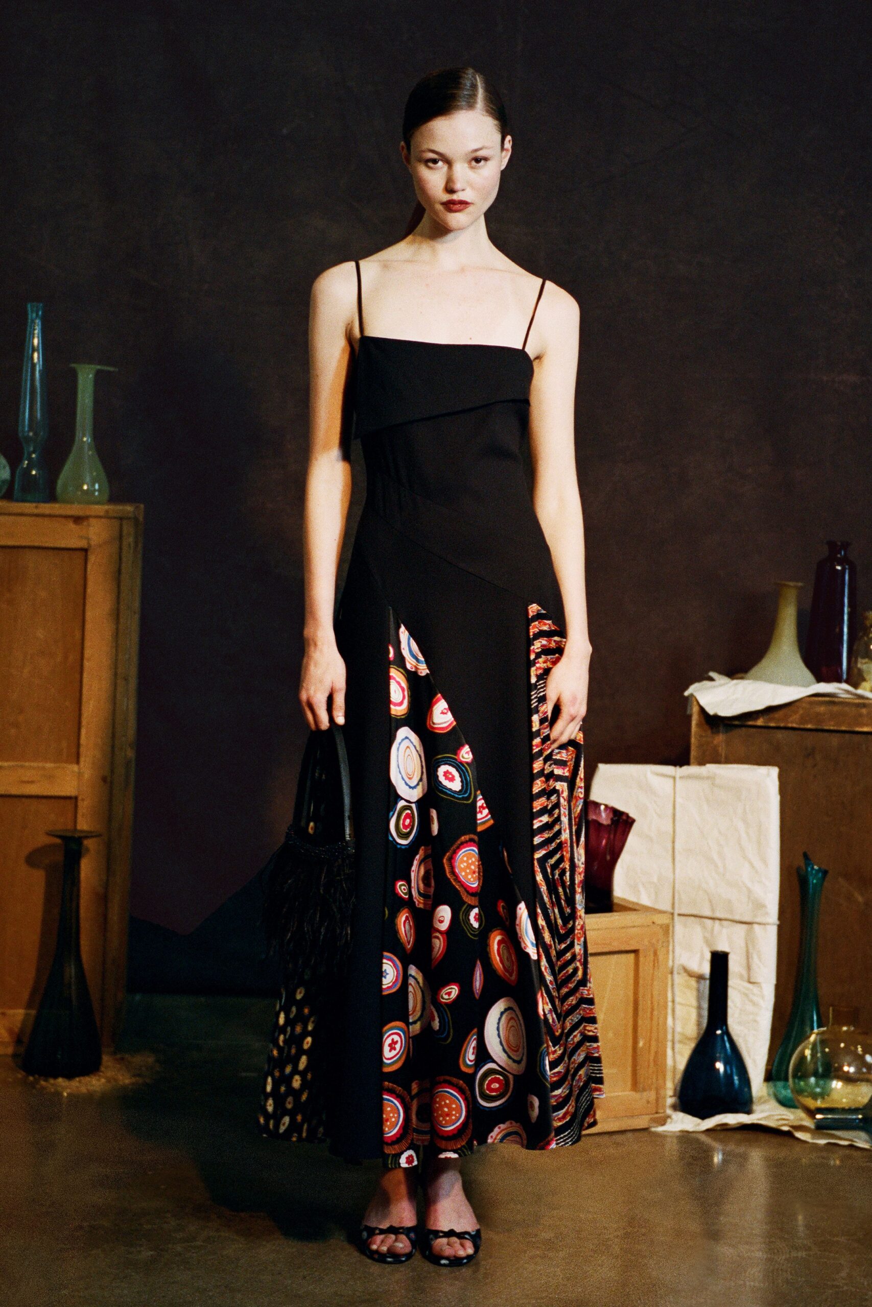 black multi printed midi dress with strappy shoes
