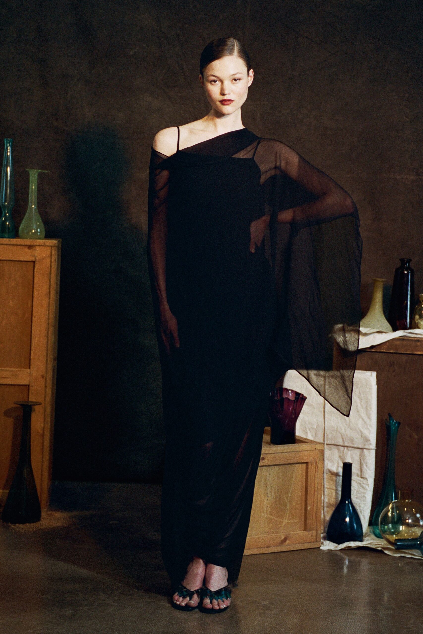 black silk sleeveless off-shoulder fitted layered sheer dress