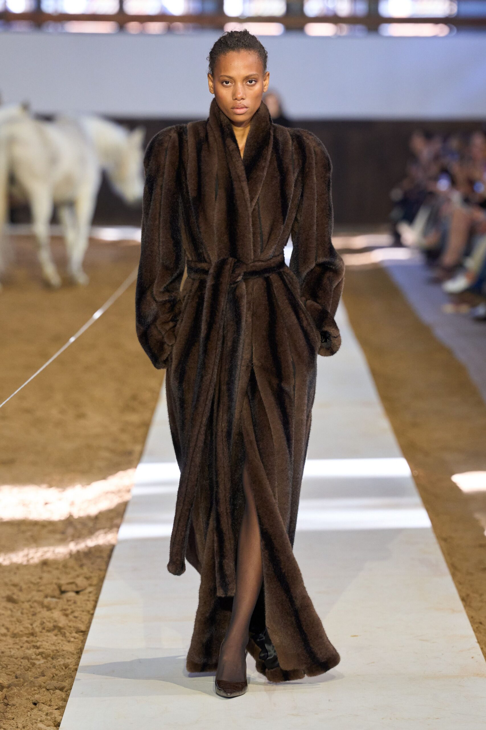 brown fur long-sleeve collared relaxed belted draped coat