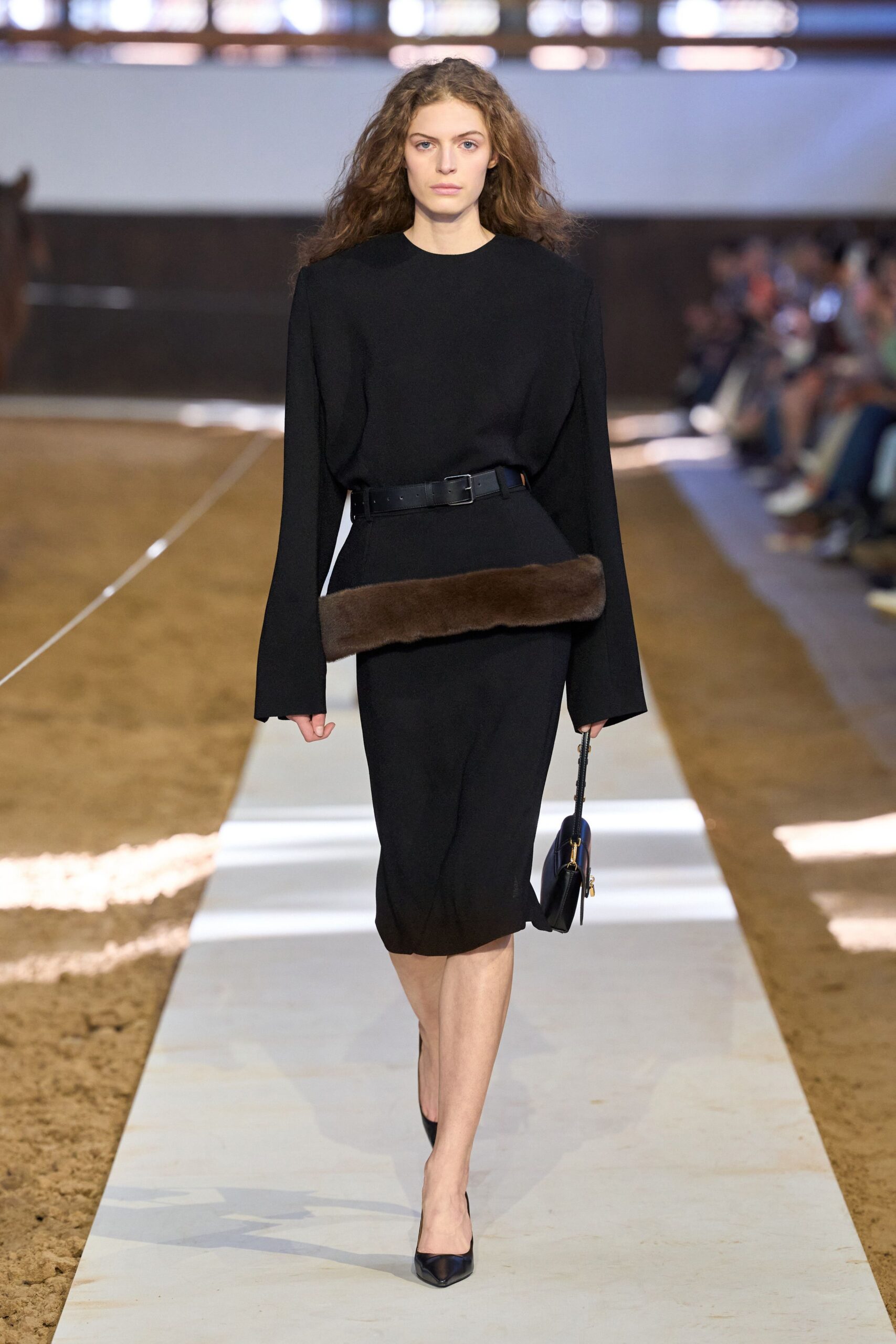 black wool long-sleeve high-neck fitted belted midi dress
