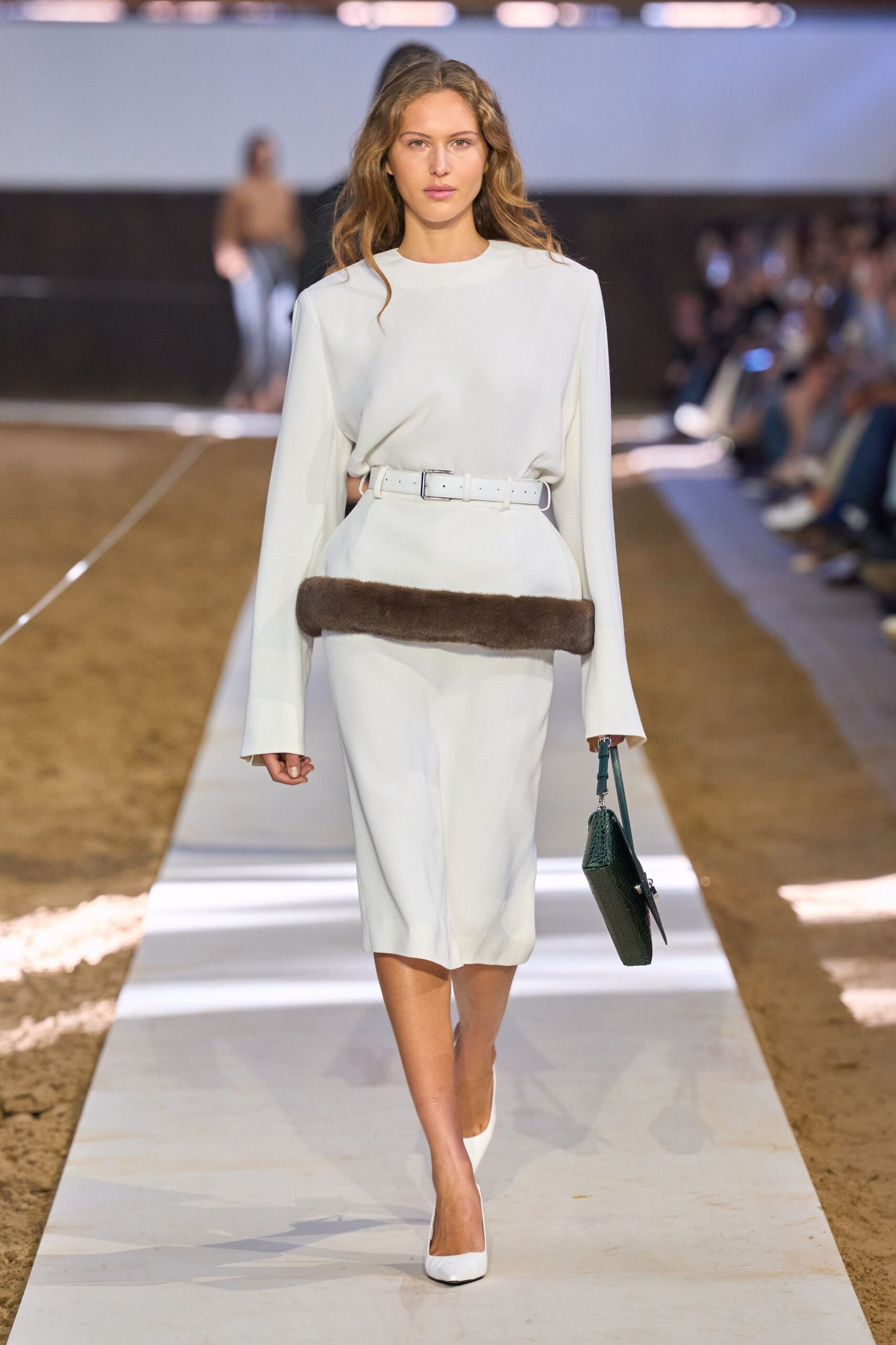 white silk long-sleeve collared fitted belted midi dress