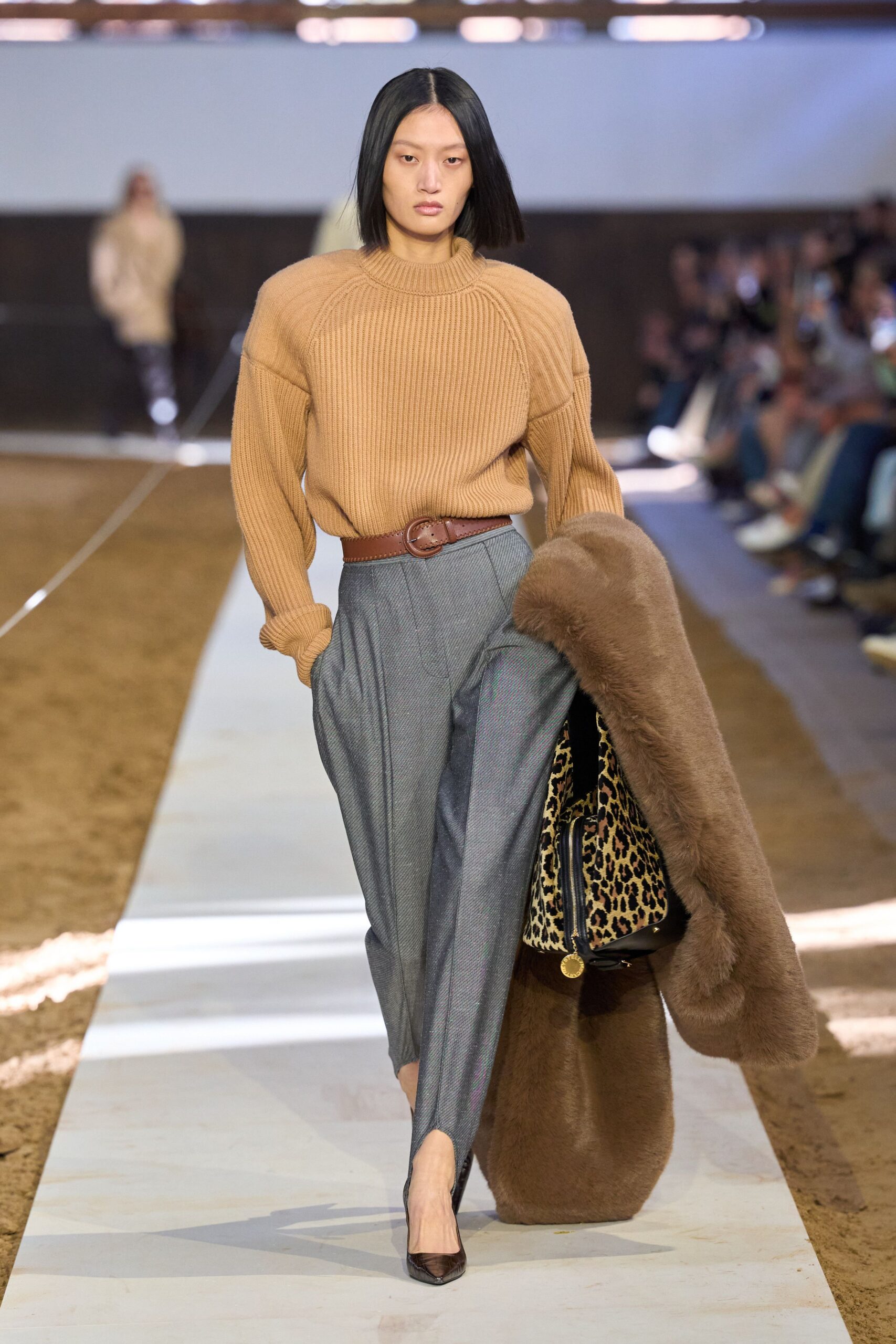 beige wool long-sleeve collared relaxed ribbed sweater