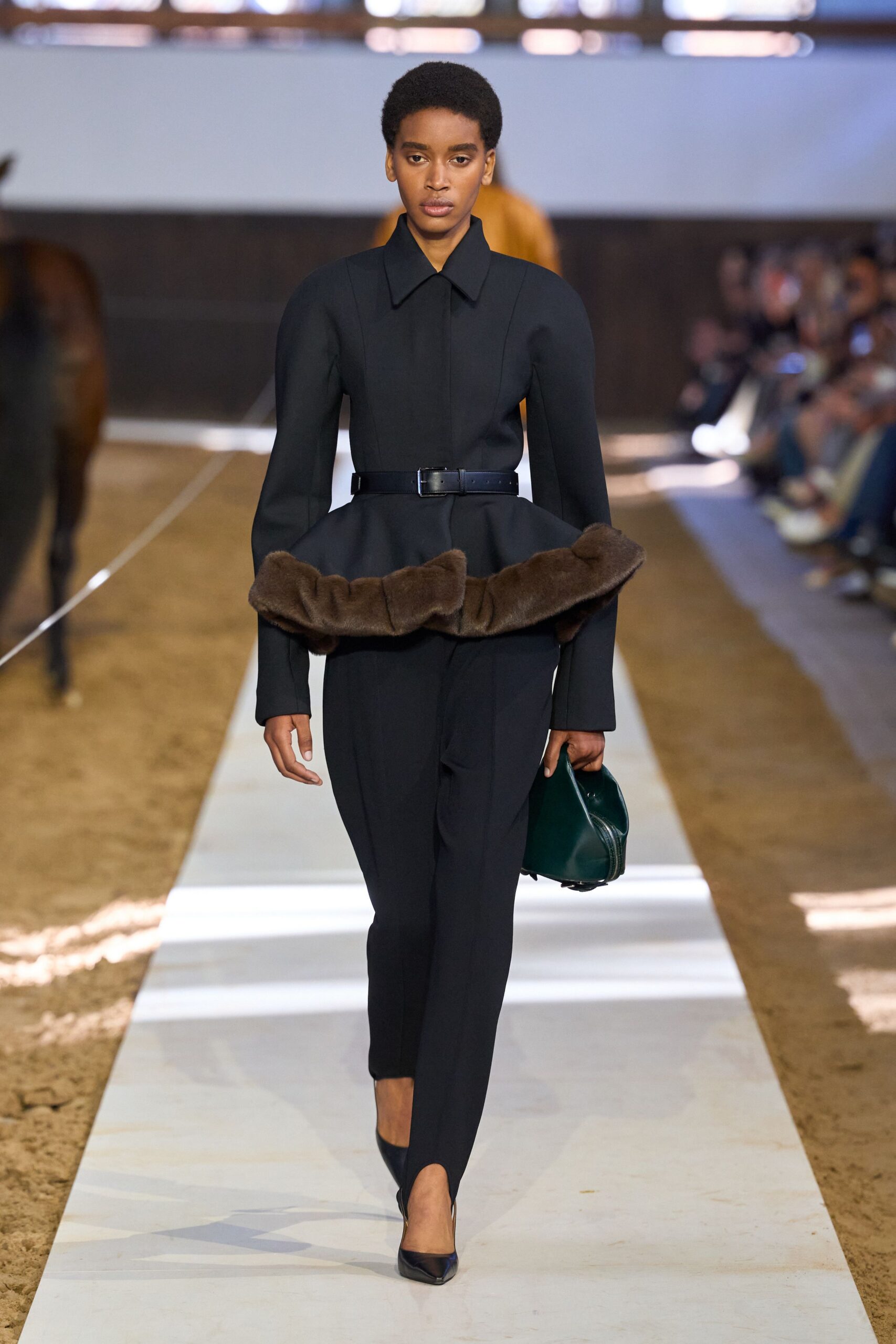 black wool long-sleeve collared fitted belted draped jumpsuit