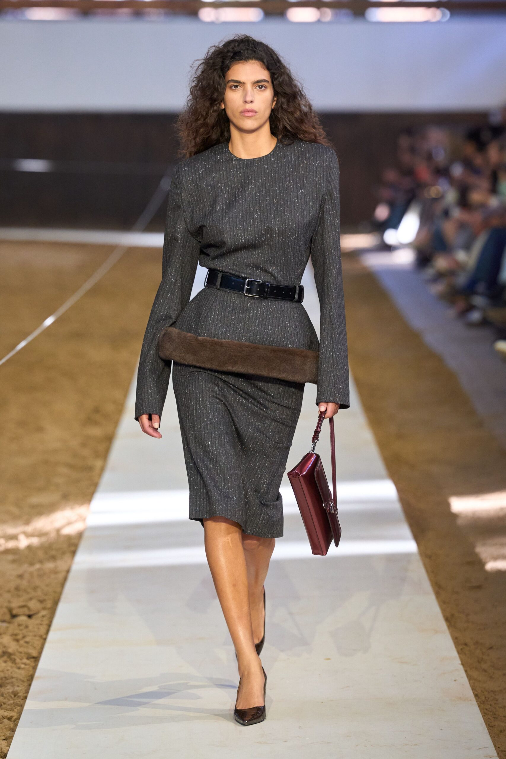 gray wool long-sleeve collared fitted pencil belted dress