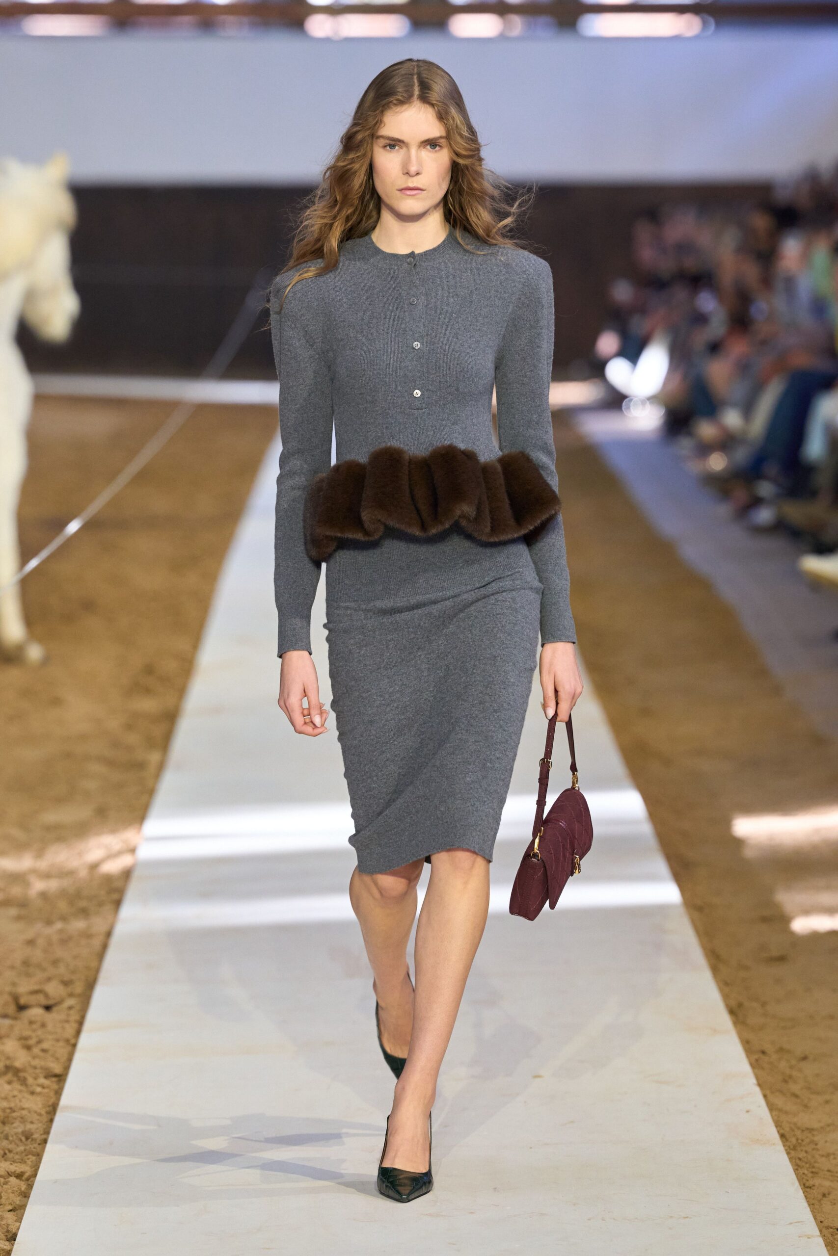 gray wool long-sleeve v-neck fitted ruched midi dress