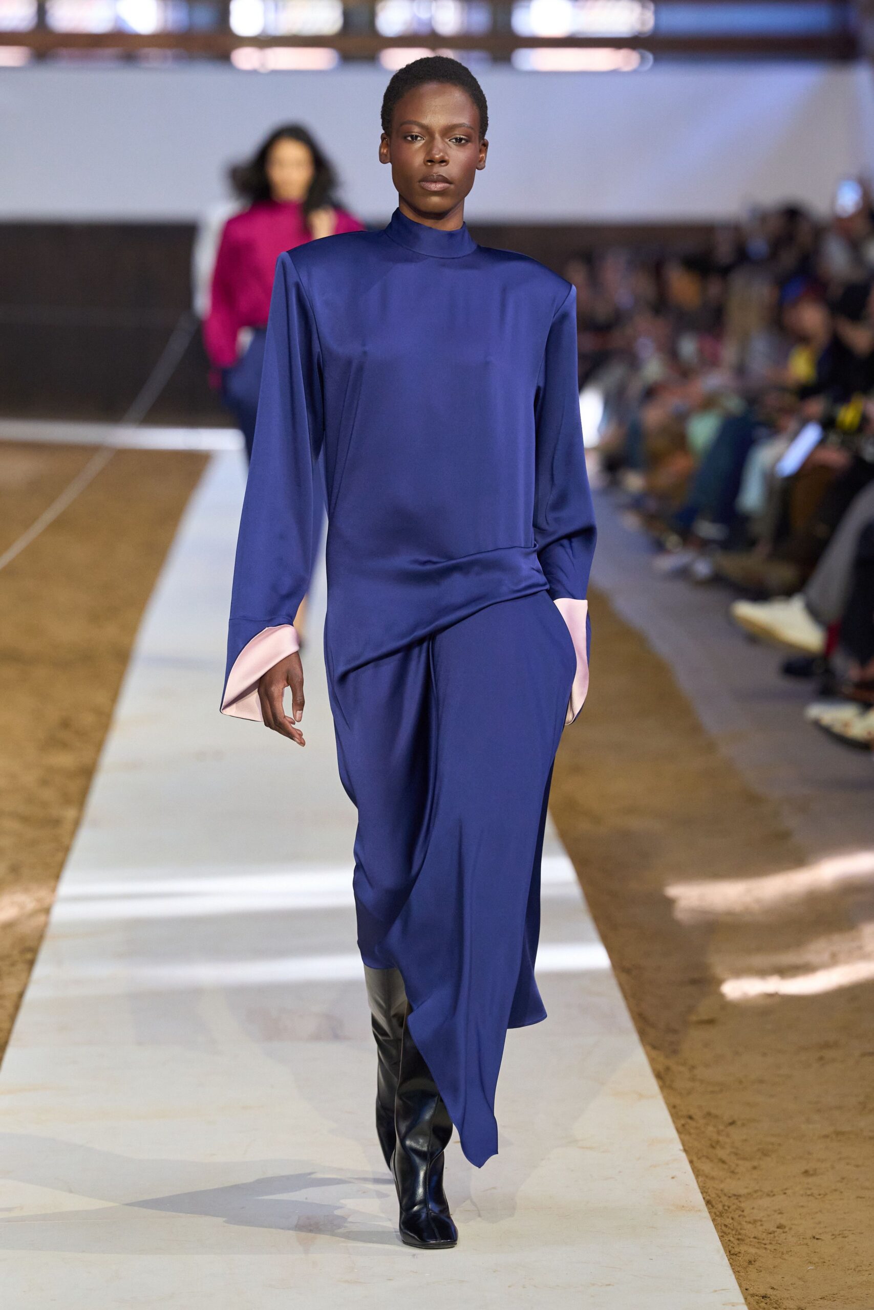 blue silk long-sleeve high-neck fitted draped flowing dress