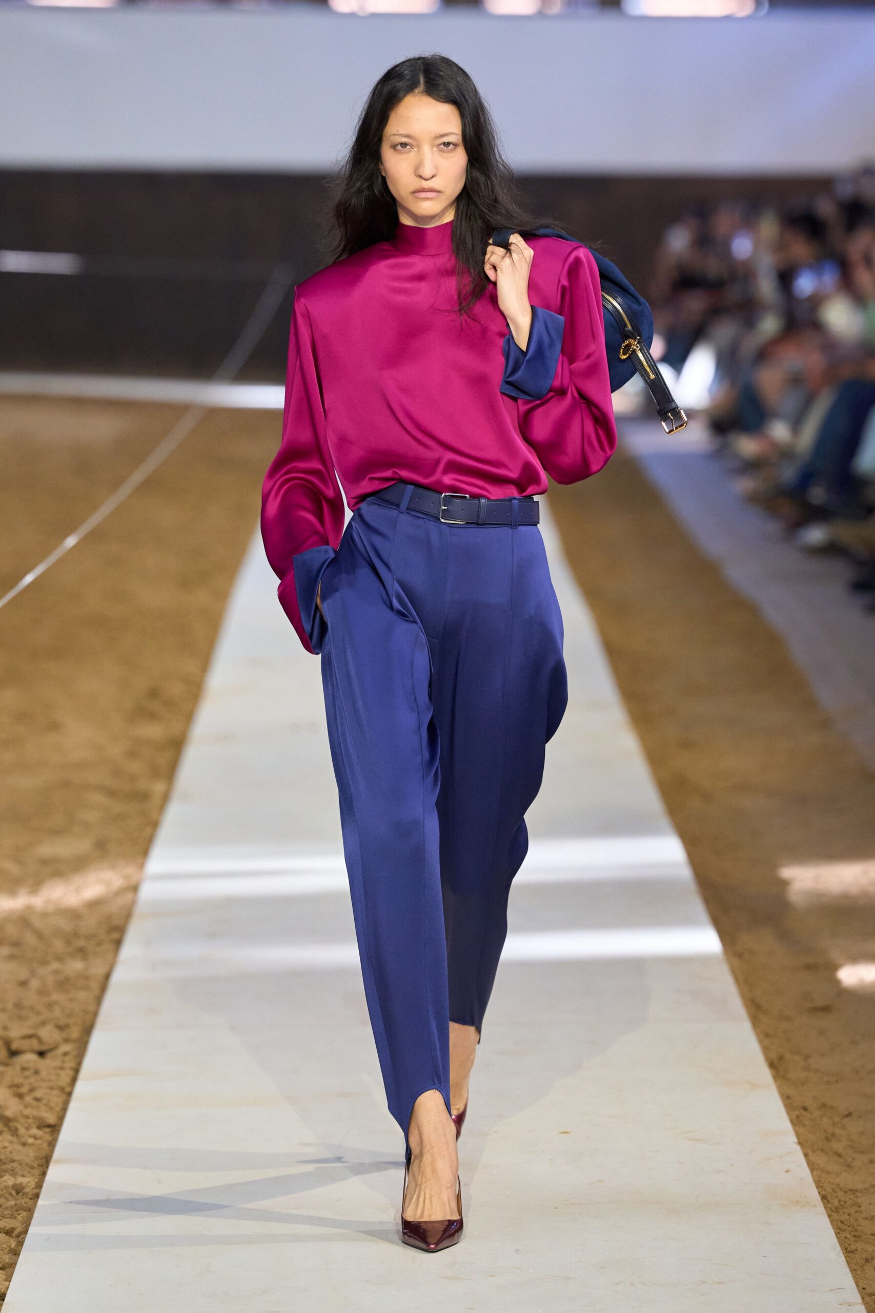 blue silk tailored straight-leg pants