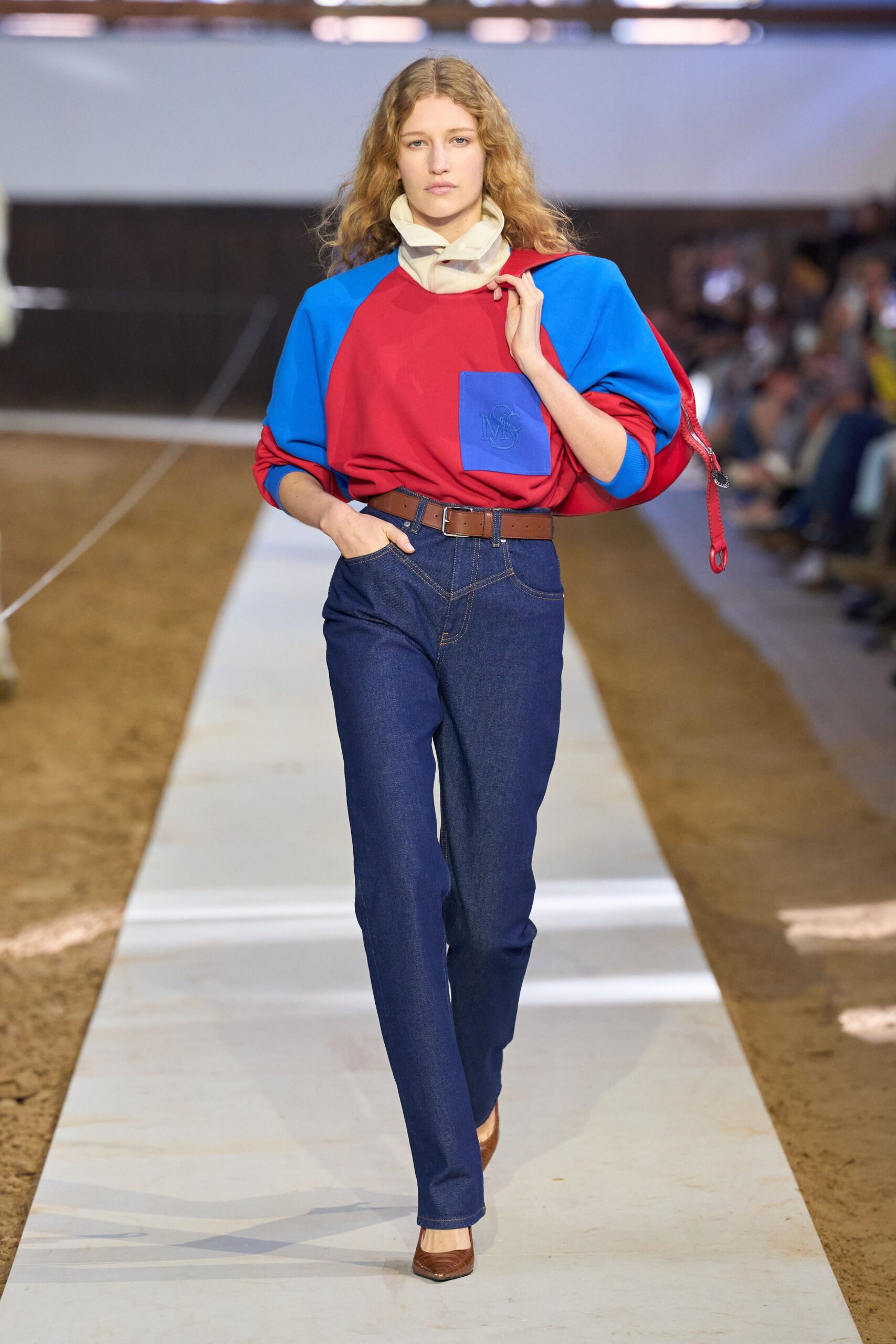 red cotton long-sleeve collared relaxed top