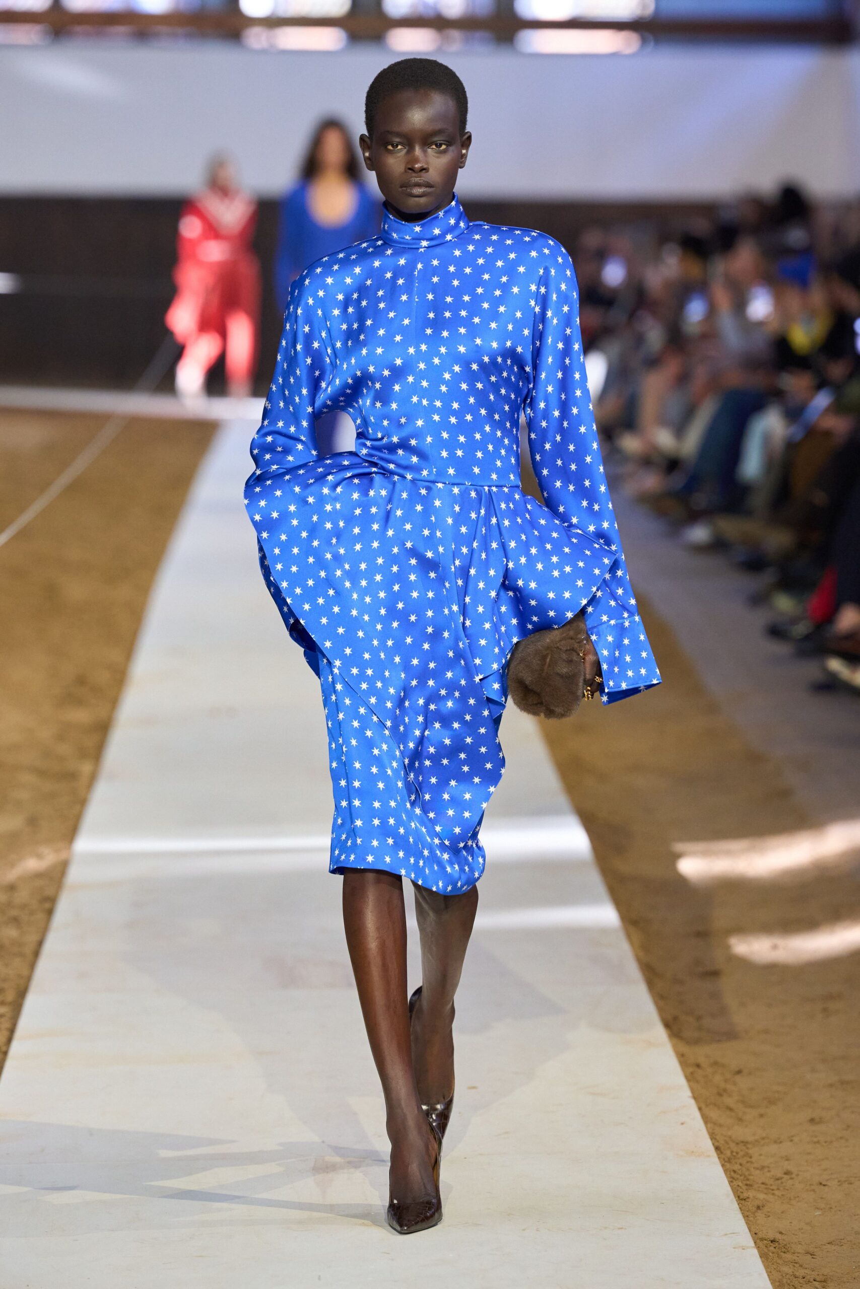 blue silk long-sleeve high-neck fitted polka-dot draped dress
