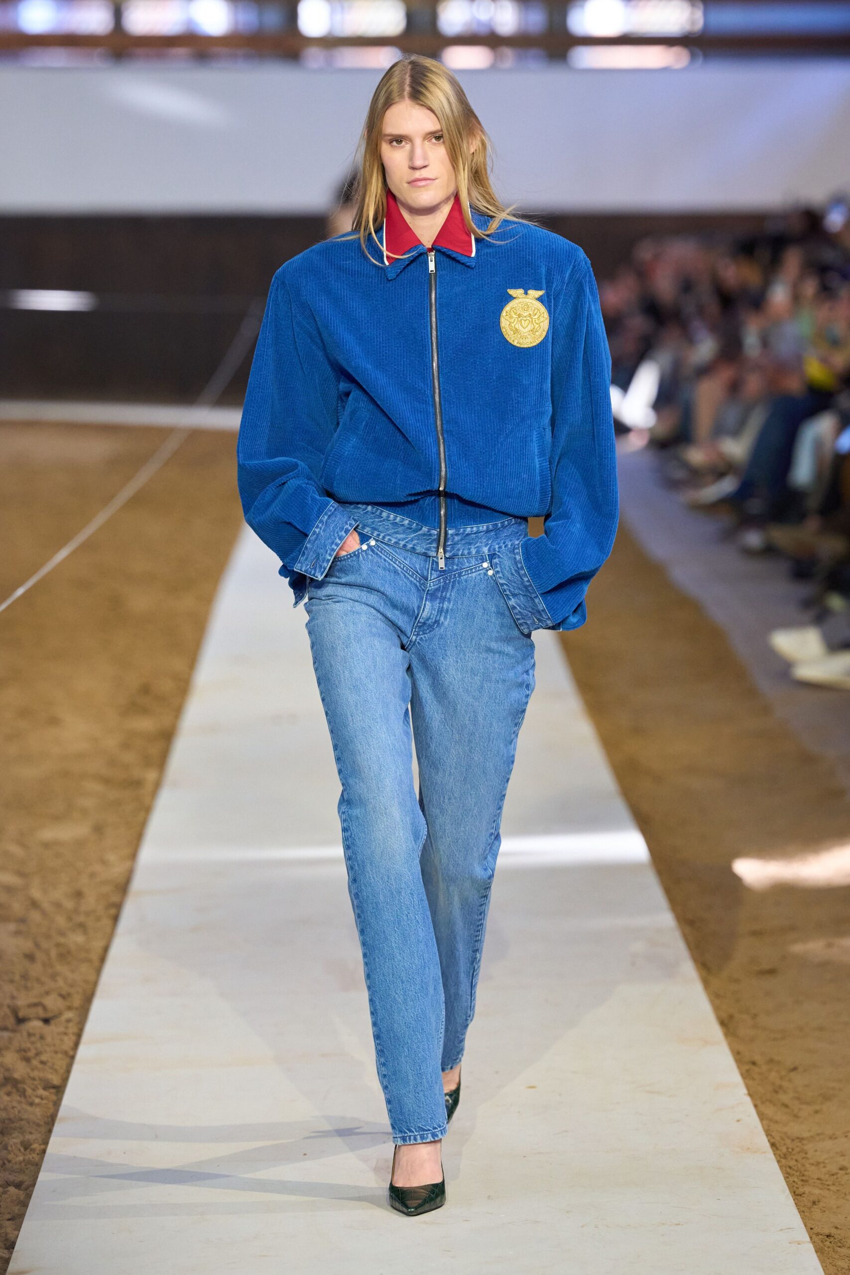 blue cotton long-sleeve collared relaxed zippered jacket