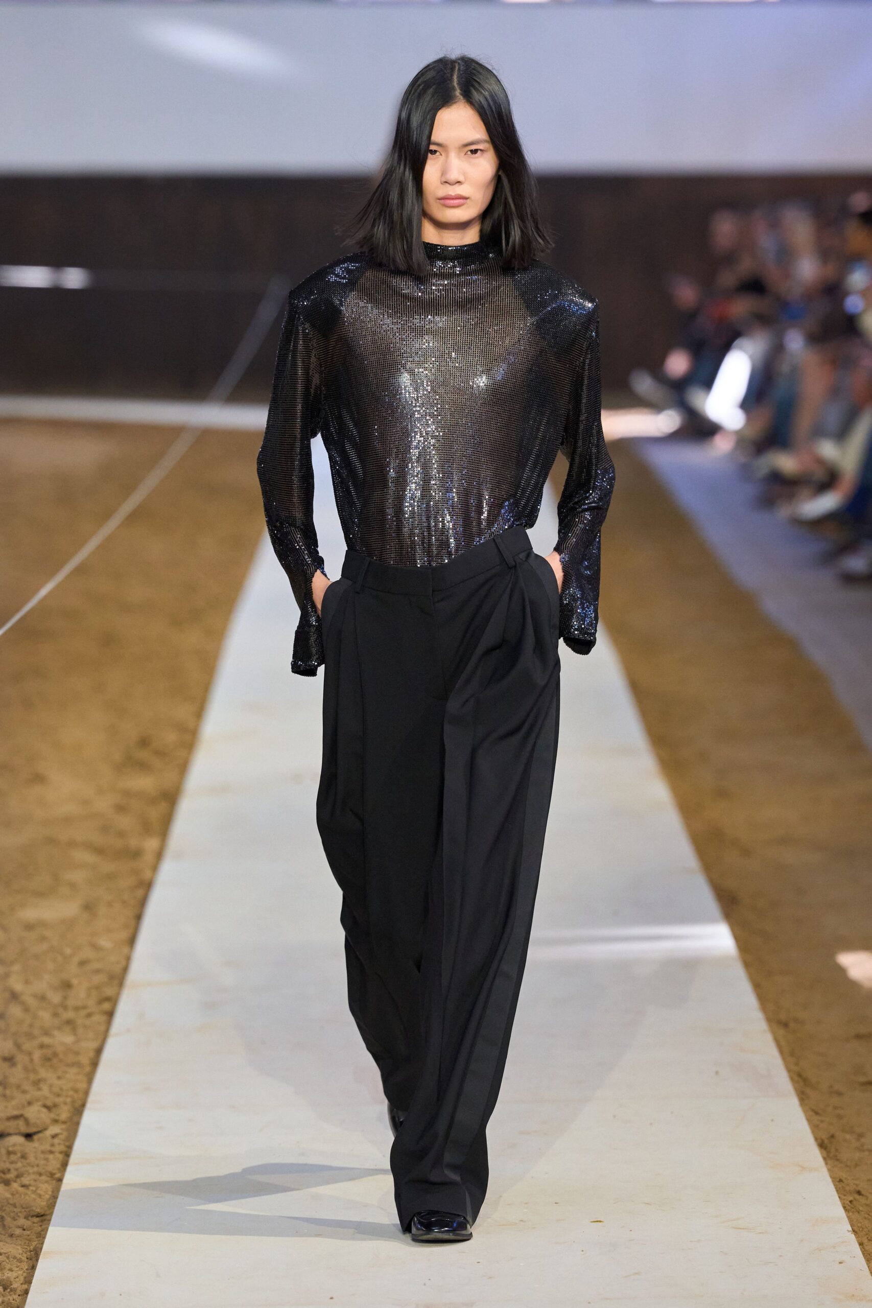 black silk long-sleeve v-neck fitted shiny sheer top