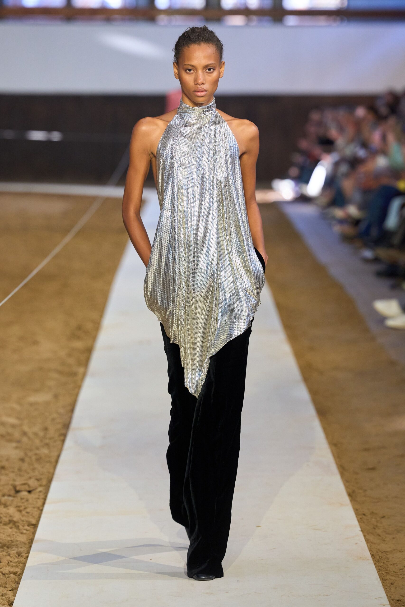 gray silk sleeveless high-neck relaxed draped shiny top