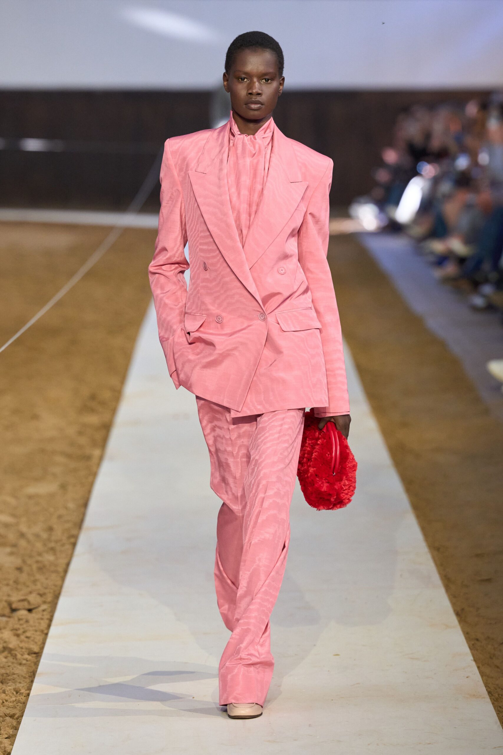 pink silk long-sleeve collared fitted pleated suit
