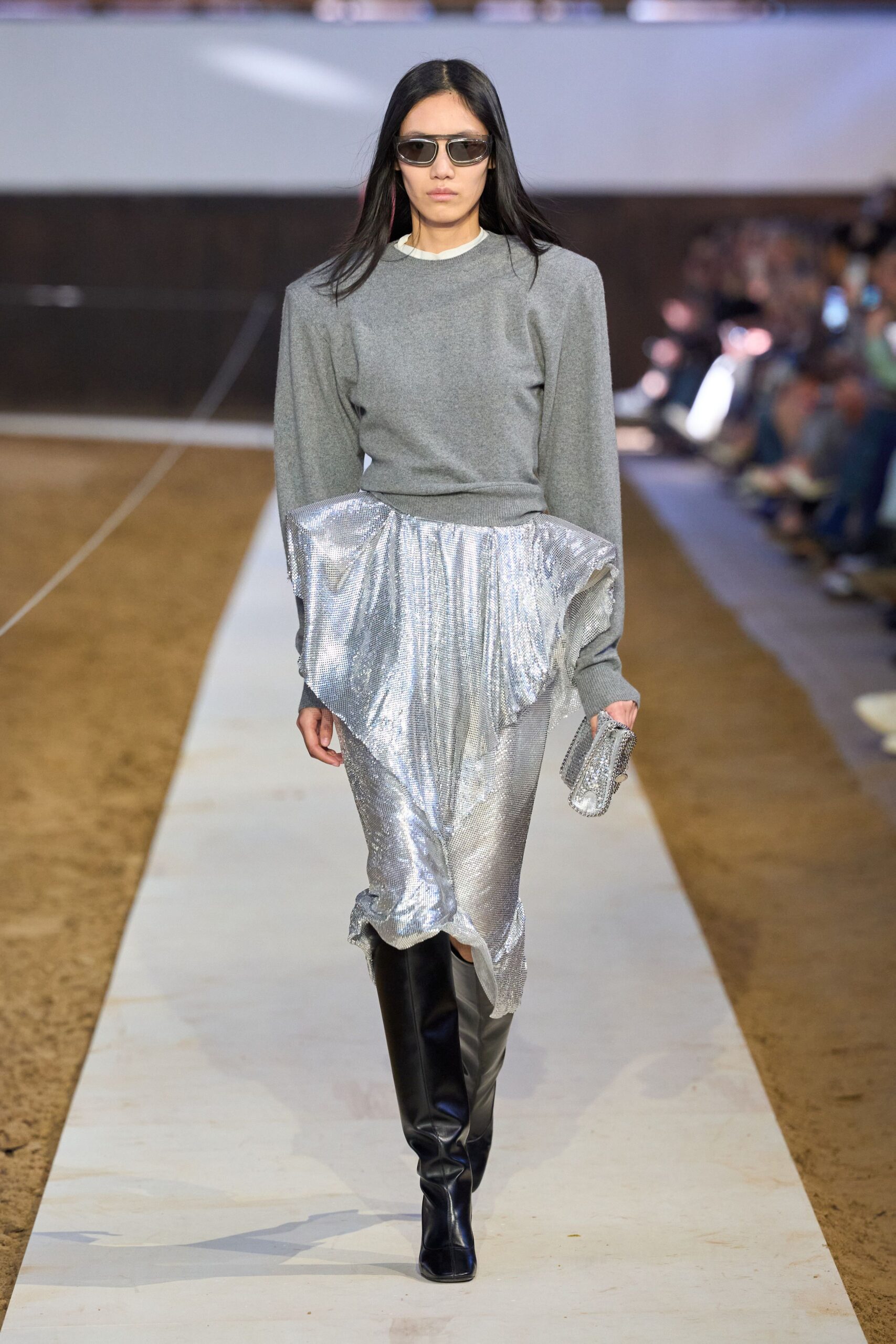 gray satin asymmetric fitted pleated shiny midi skirt