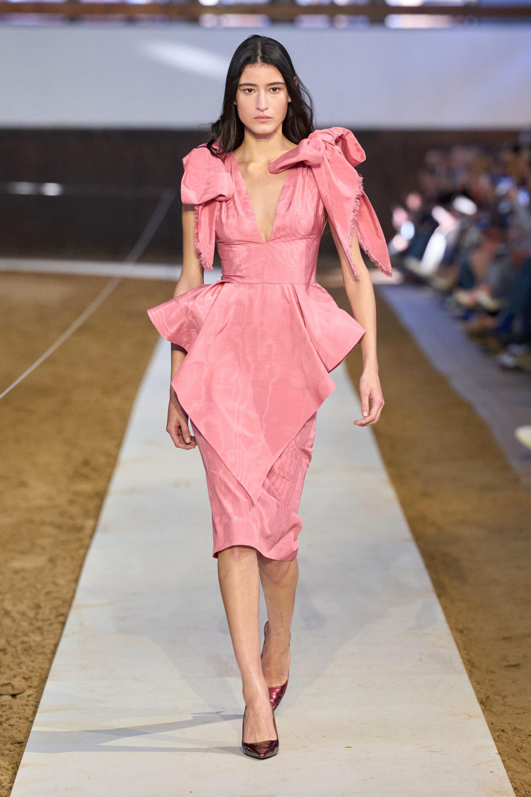 pink silk sleeveless v-neck fitted draped tiered dress