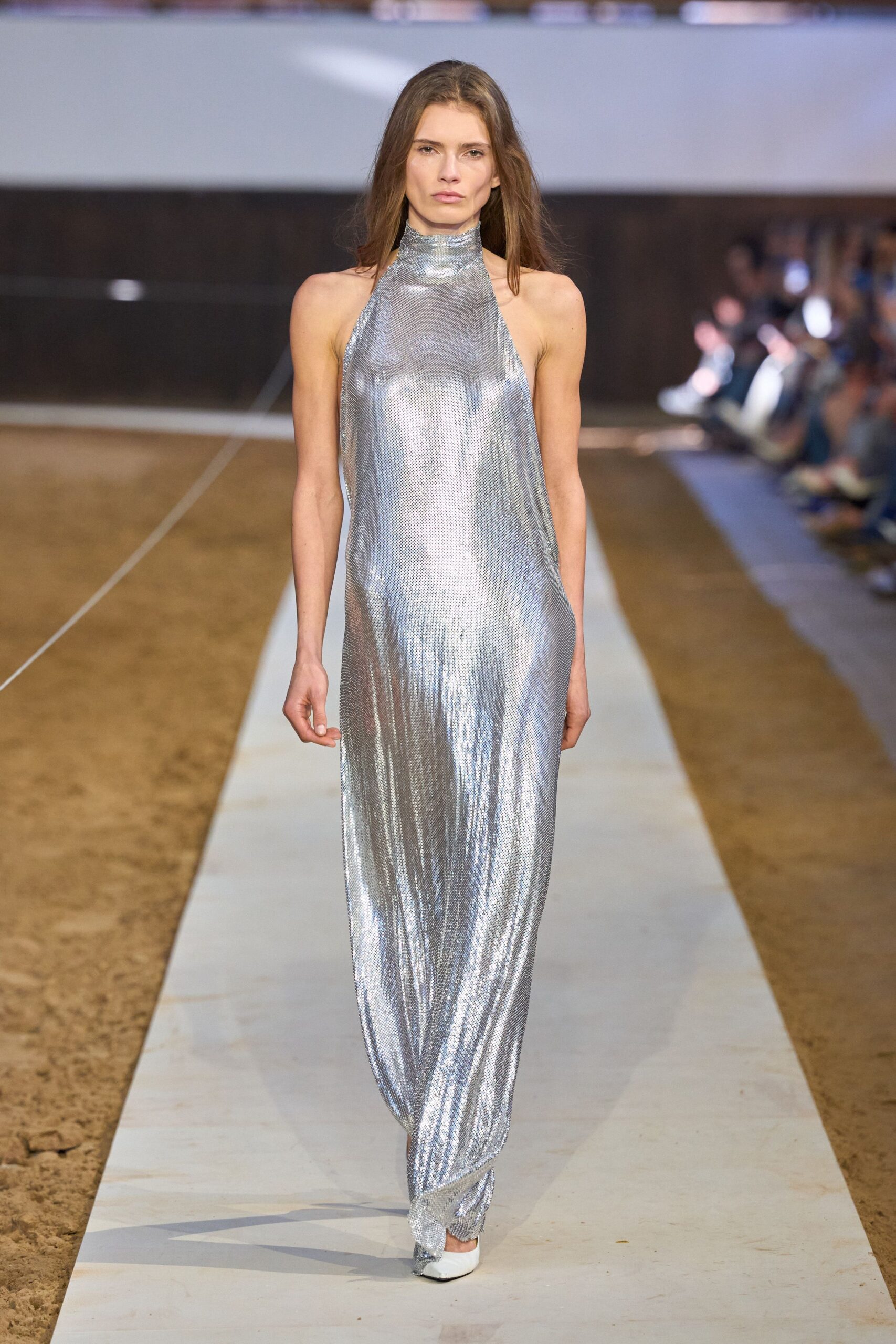 gray metallic sleeveless high-neck fitted draped shiny gown