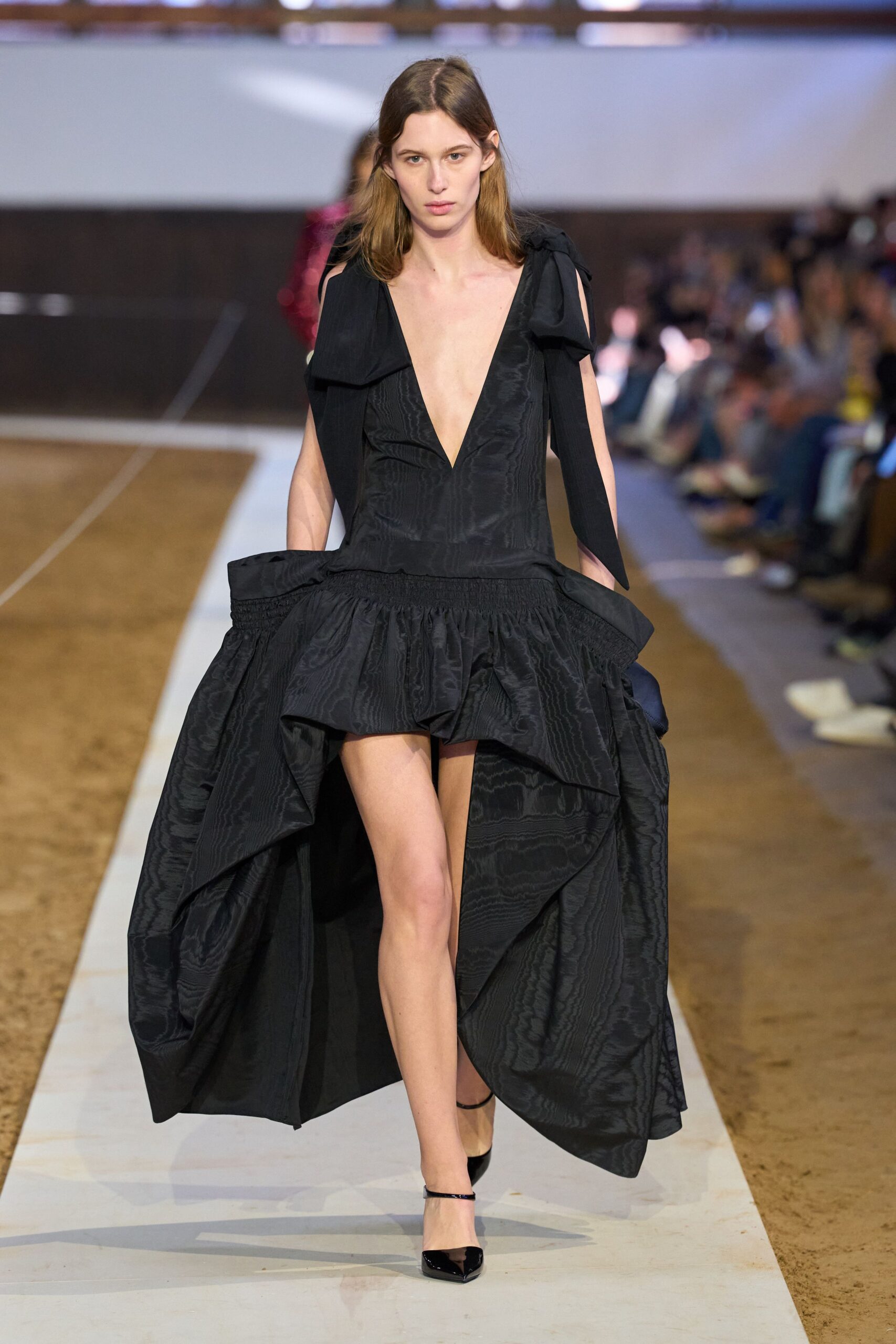 black silk sleeveless v-neck fitted pleated layered dress
