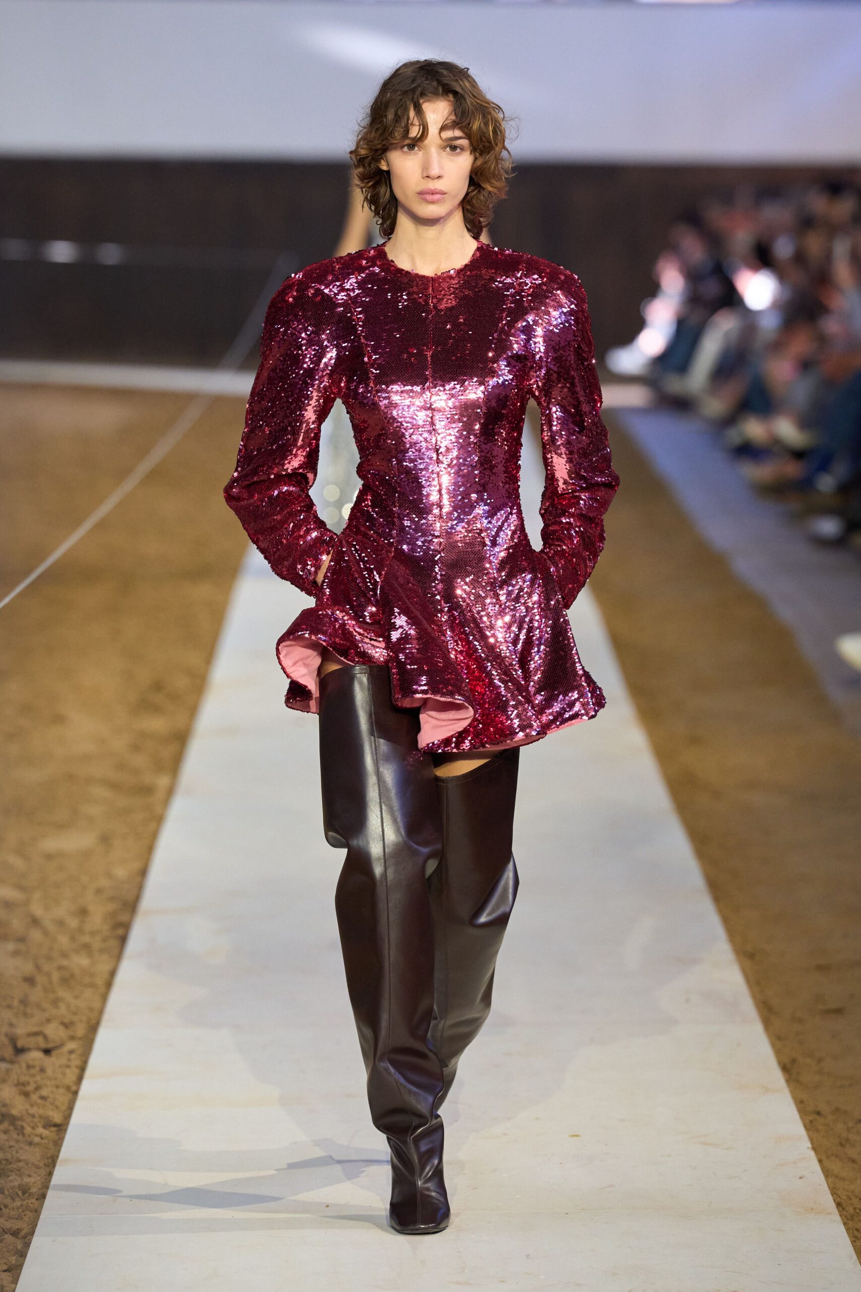 red sequin long-sleeve v-neck fitted ruffled shiny blazer