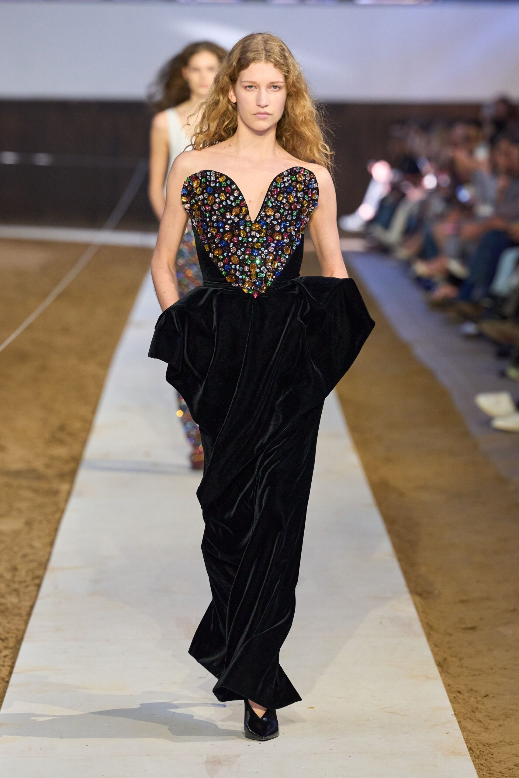 black velvet strapless fitted embellished tiered maxi gown