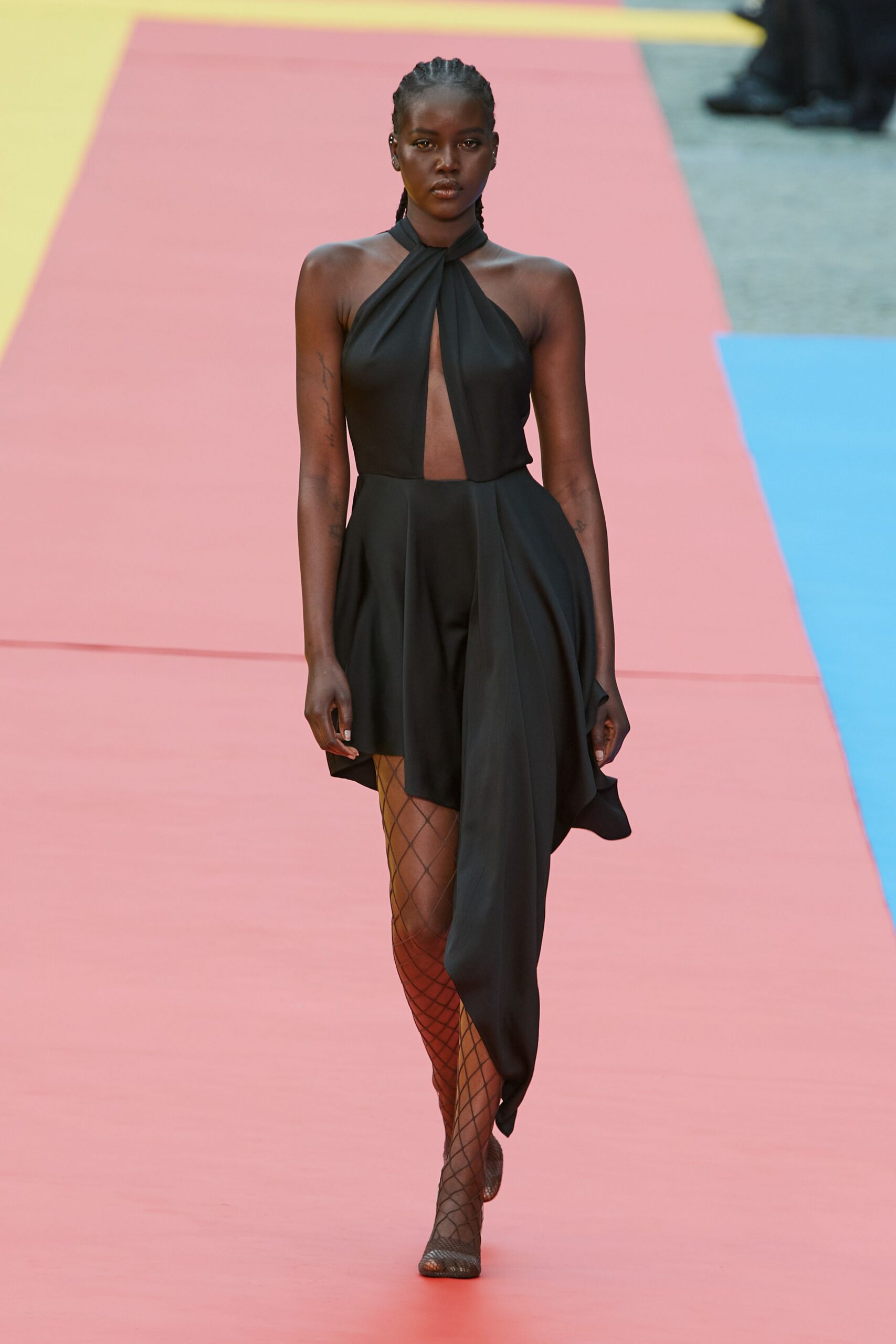 black silk sleeveless halter fitted draped mini dress