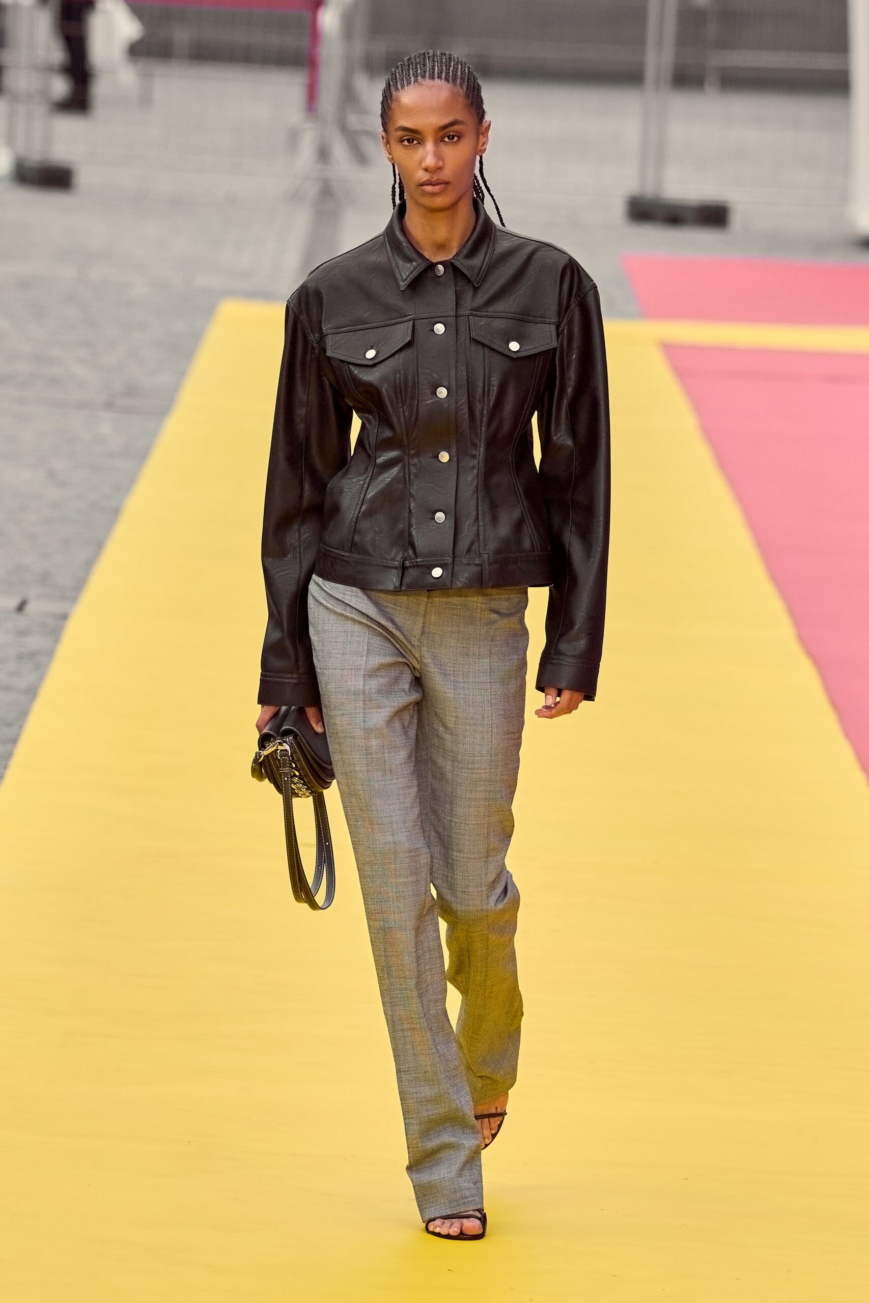 black leather long-sleeve collared fitted buttoned jacket
