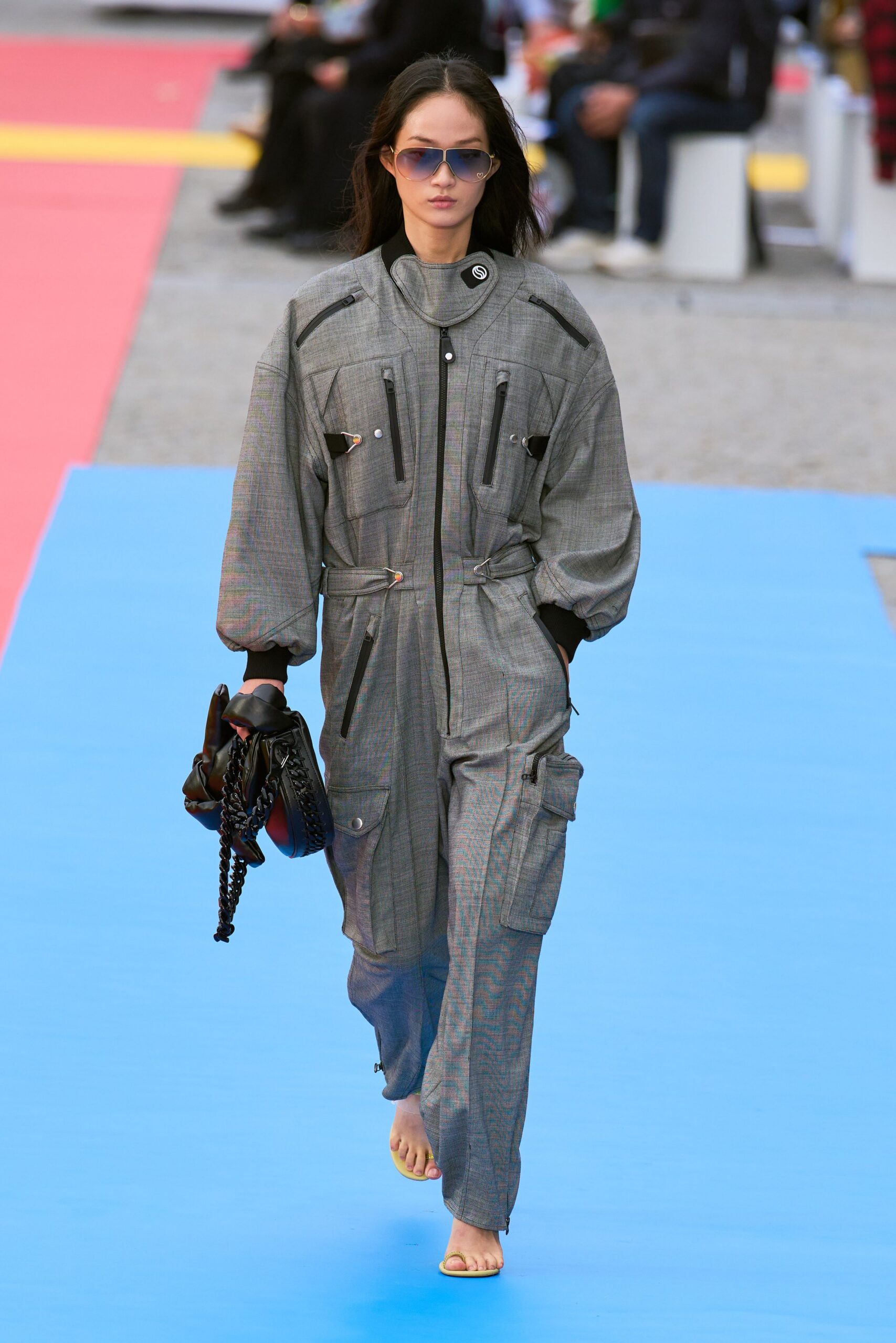 gray cotton long-sleeve collared relaxed zippered pockets jumpsuit