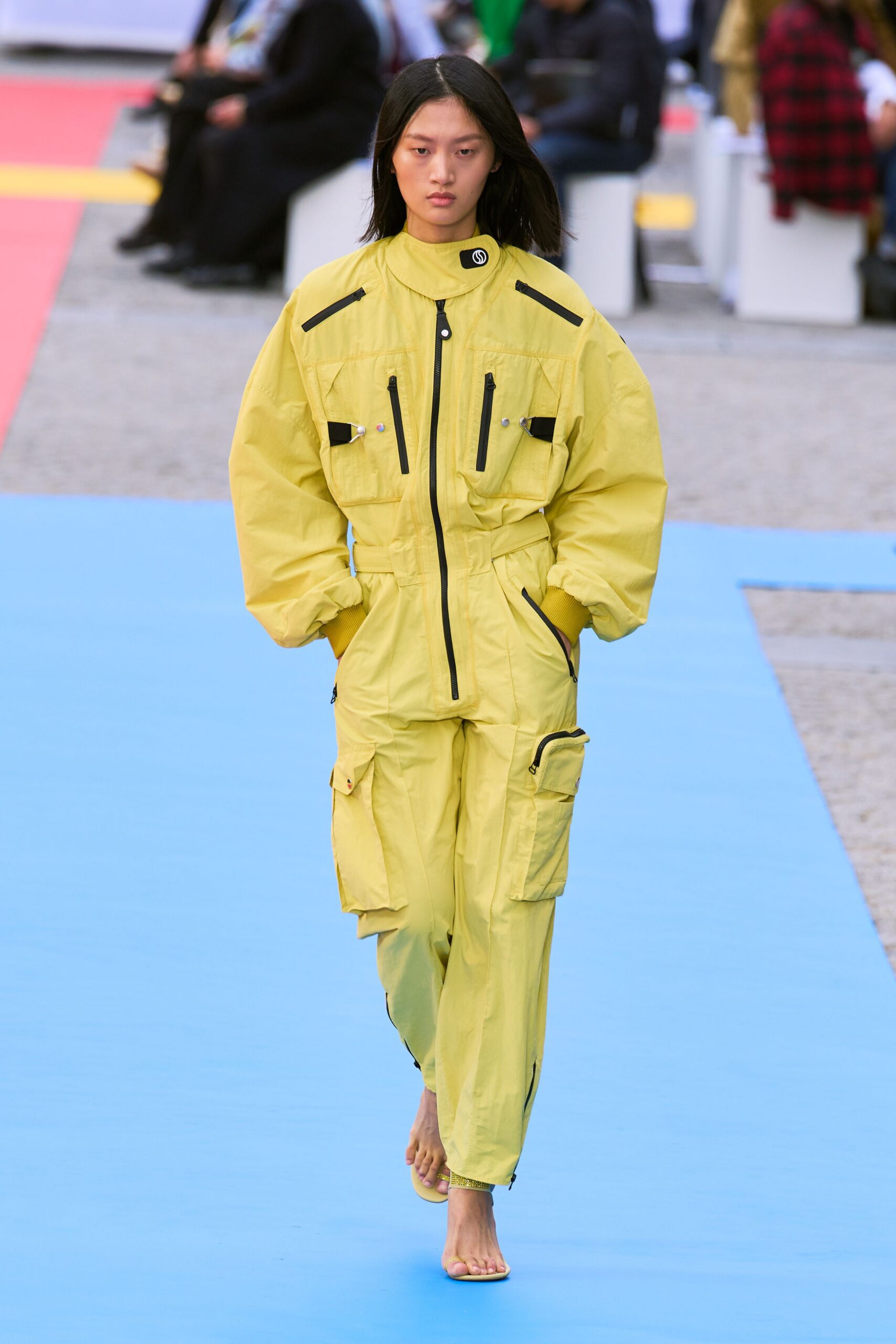 yellow cotton long-sleeve collared relaxed zippered pockets jumpsuit