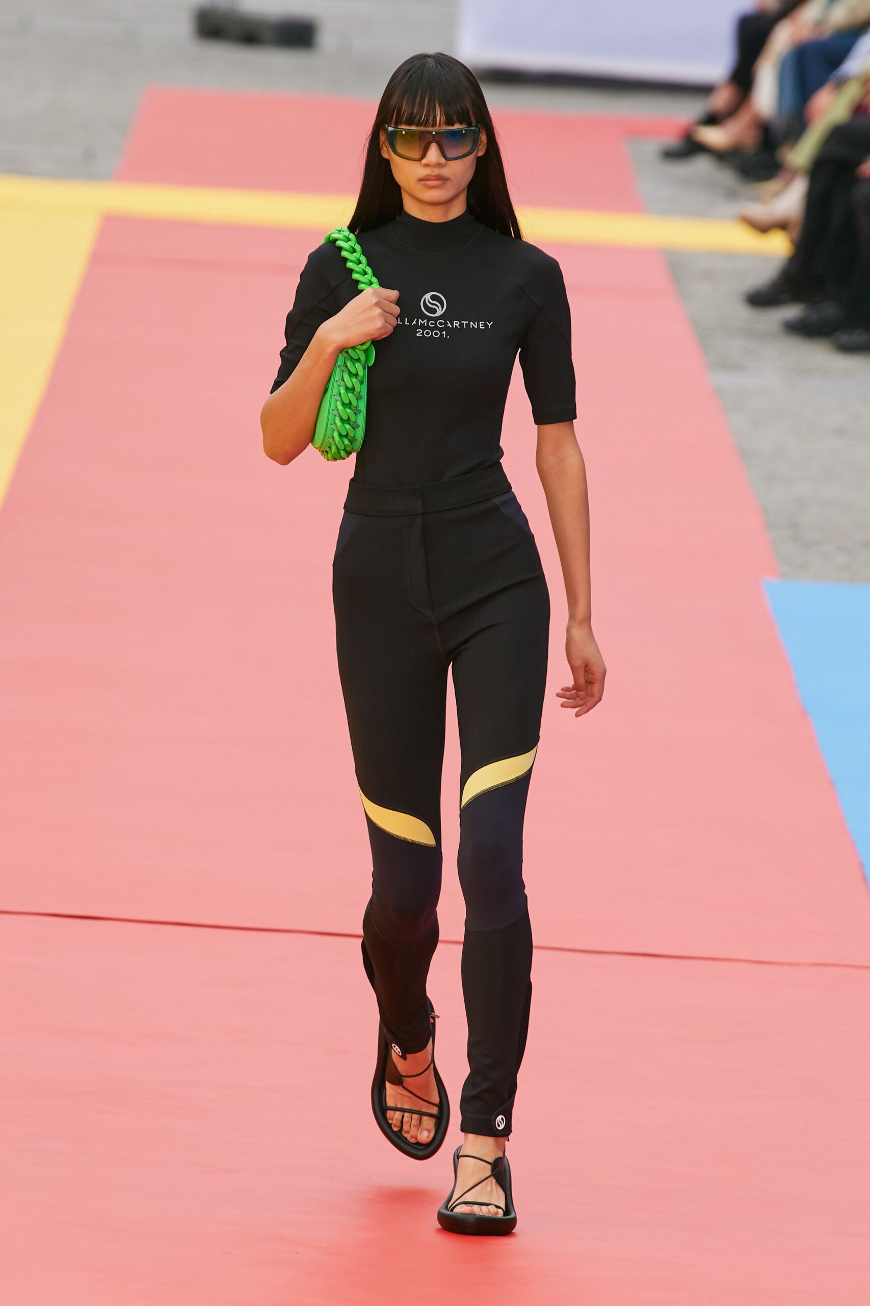 black neoprene short-sleeve high-neck fitted color-blocked catsuit