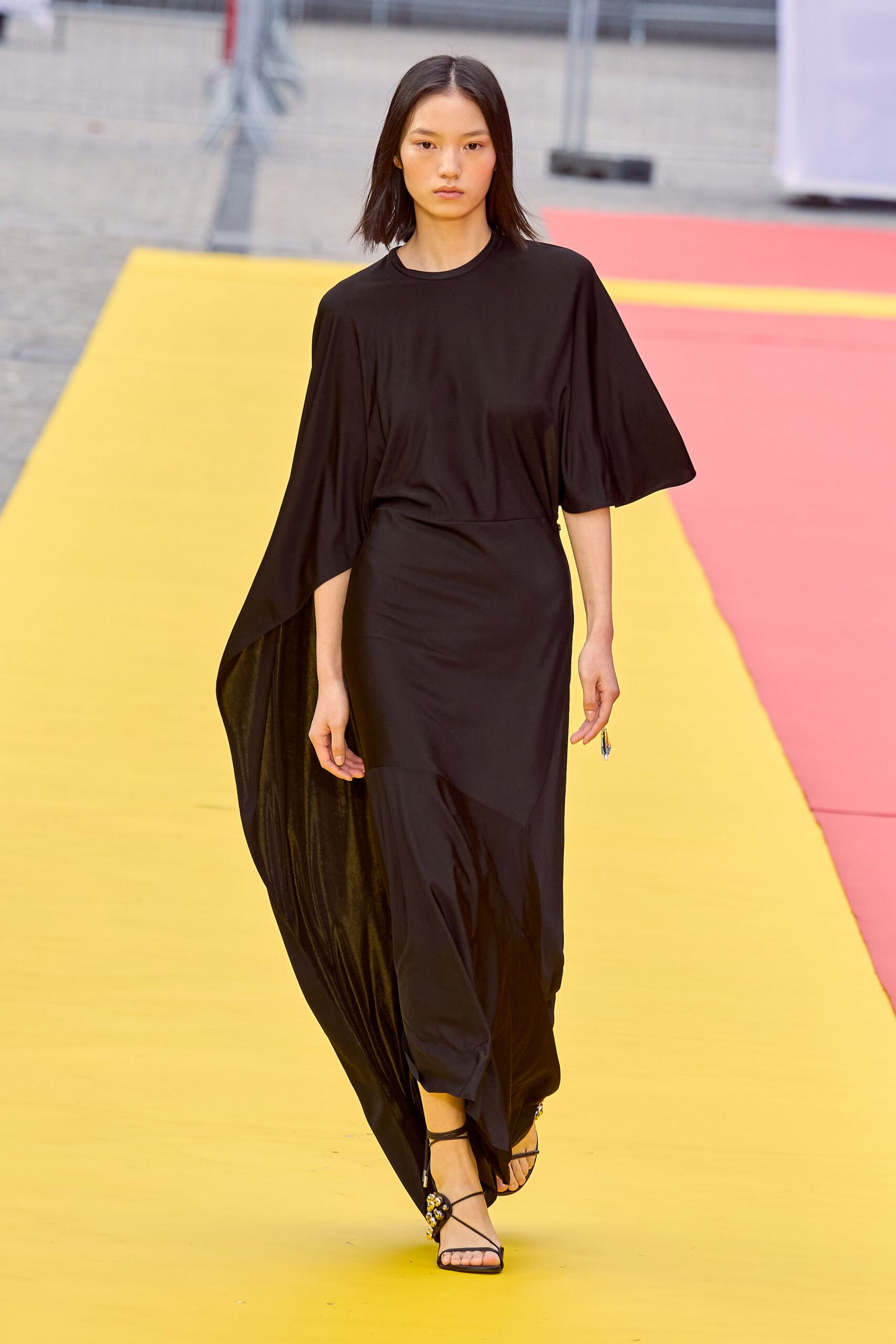 black silk sleeveless v-neck relaxed draped flowing dress