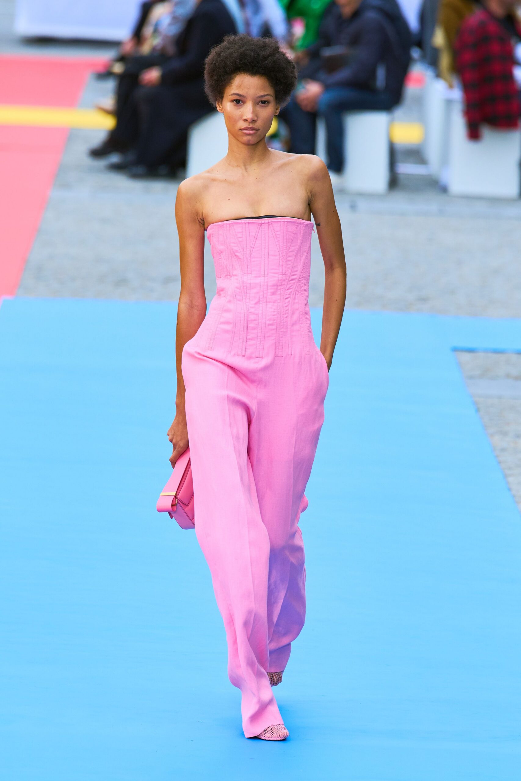 pink cotton strapless fitted pleated jumpsuit
