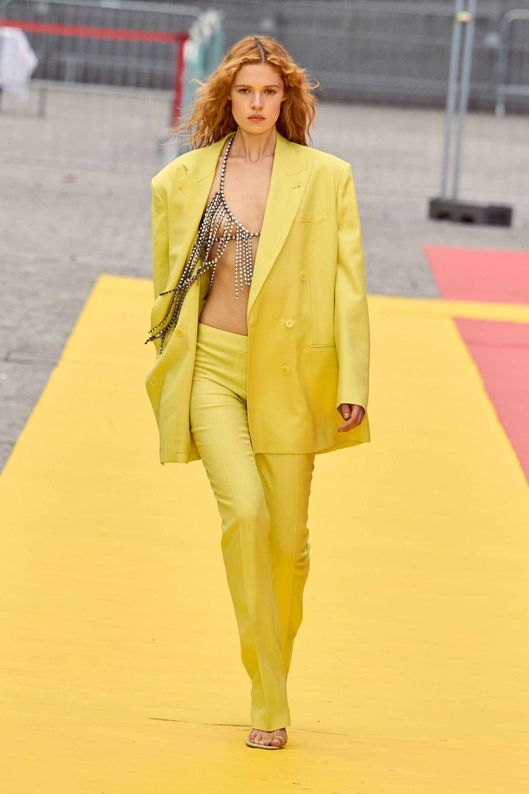 yellow tailored straight-leg pants