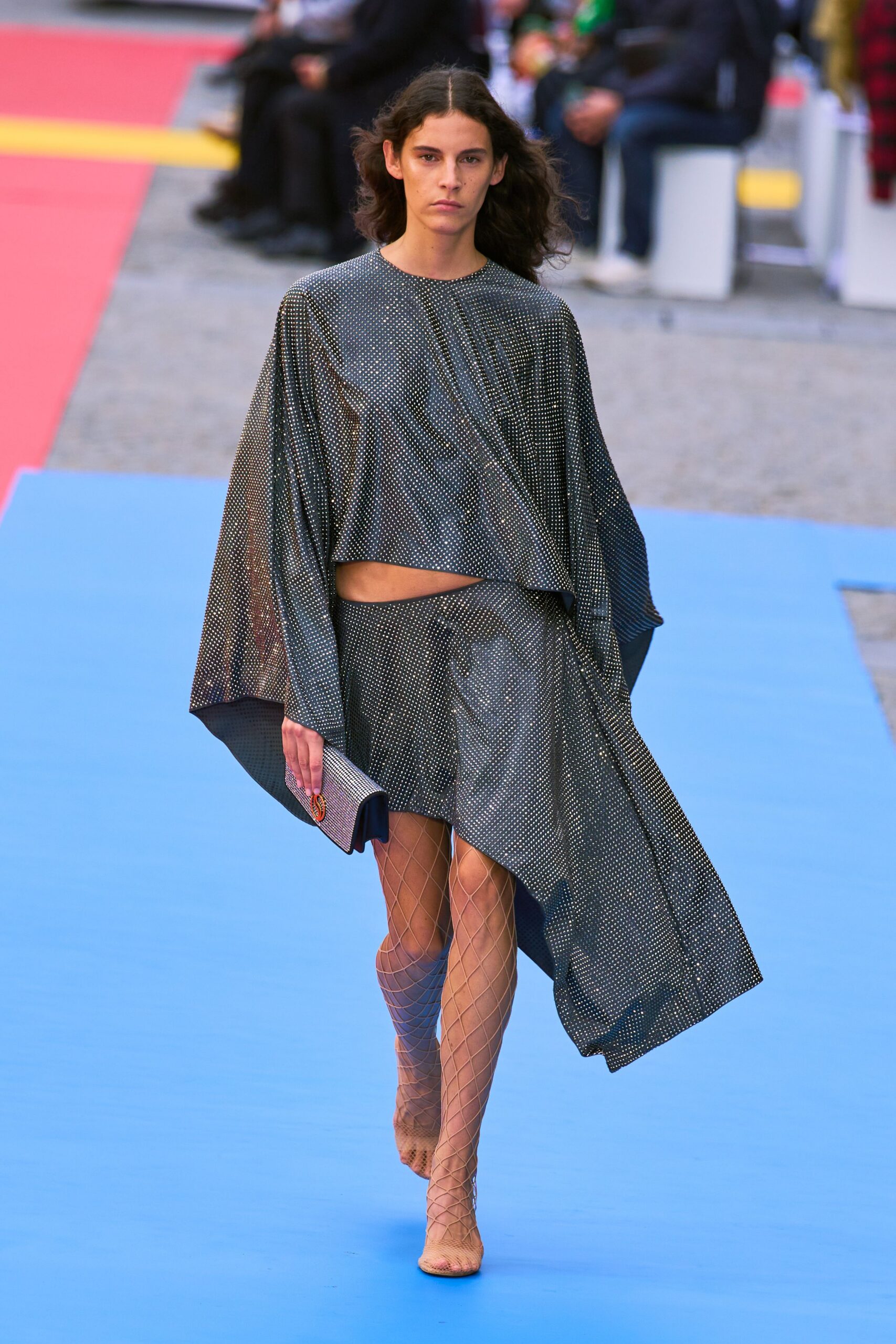 gray metallic sleeveless high-neck relaxed draped shiny top
