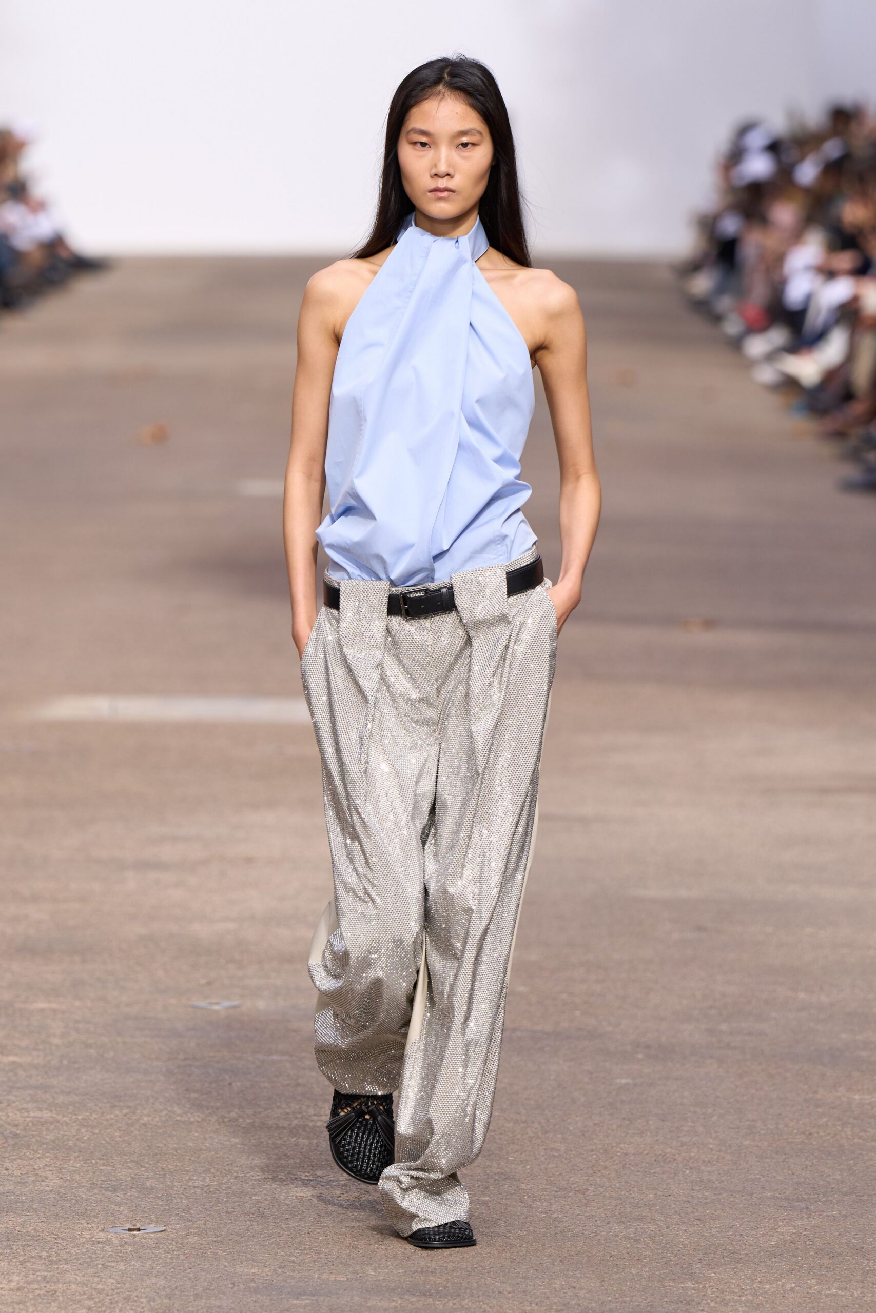 gray silk relaxed pleated shiny pants