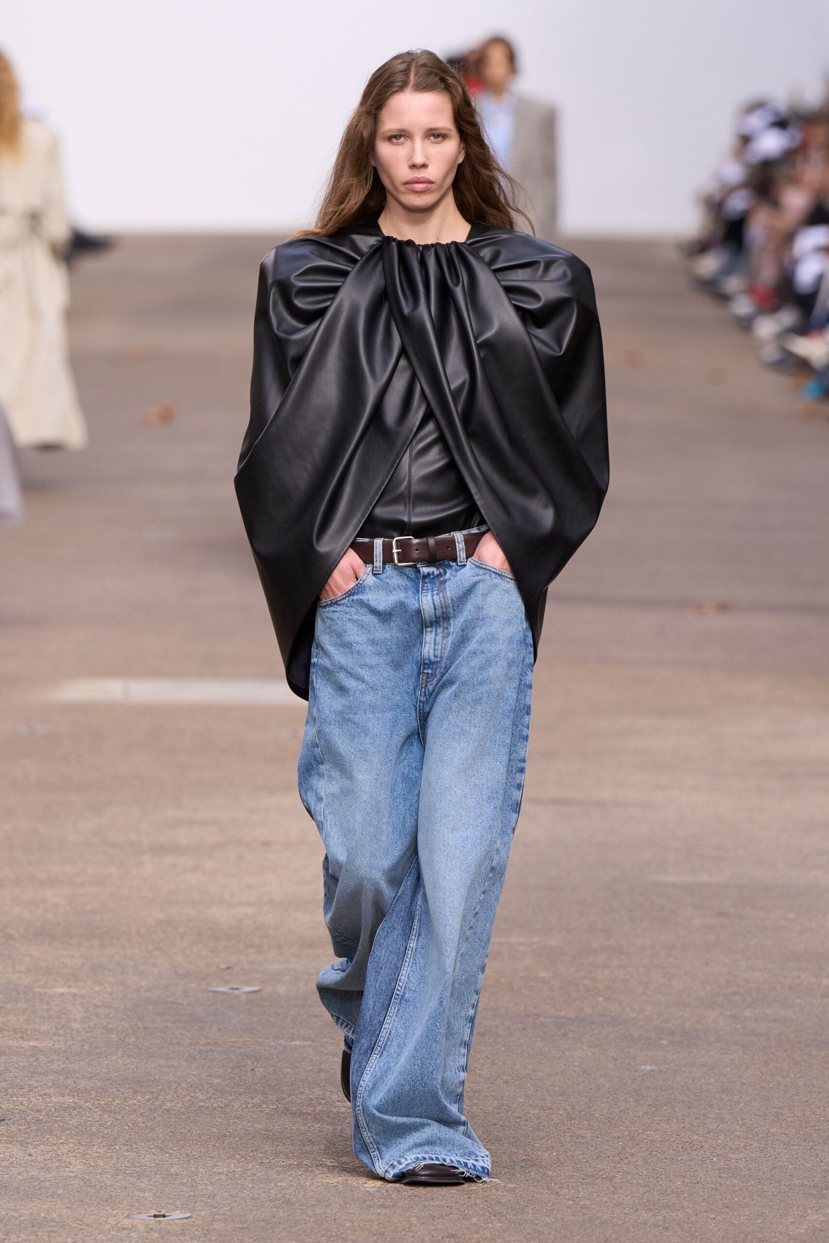 black leather long-sleeve relaxed draped top