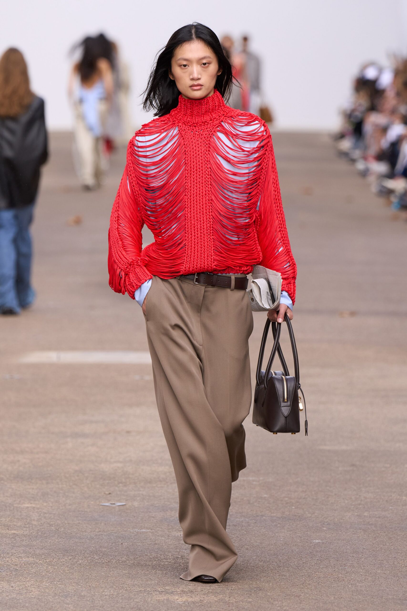 red knit long-sleeve high-neck fitted fringed top