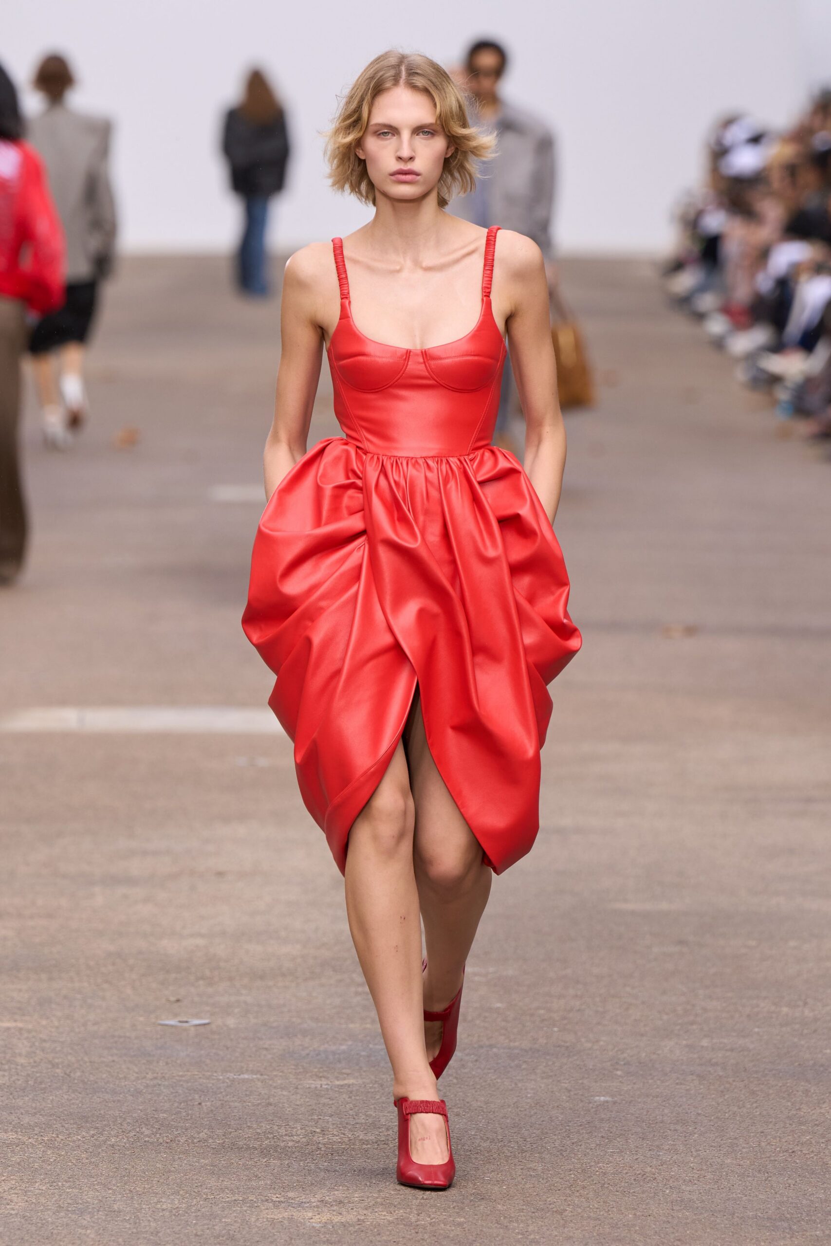red leather sleeveless v-neck fitted pleated midi dress