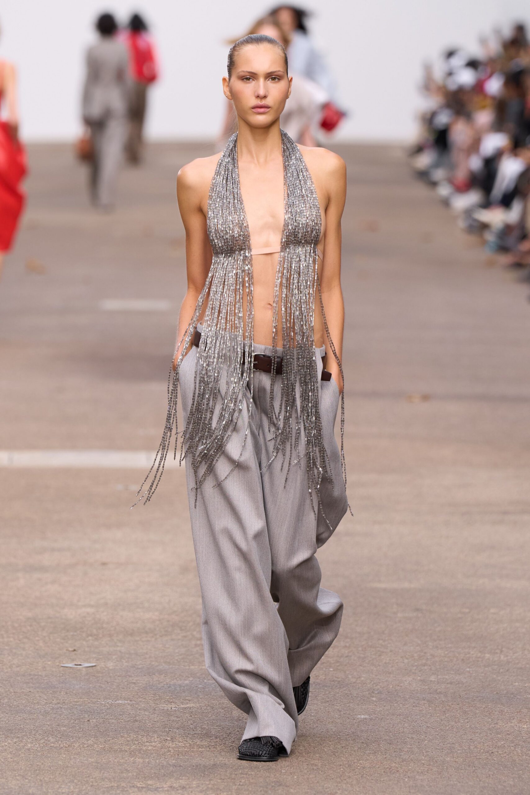 gray metallic sleeveless v-neck fitted fringed top