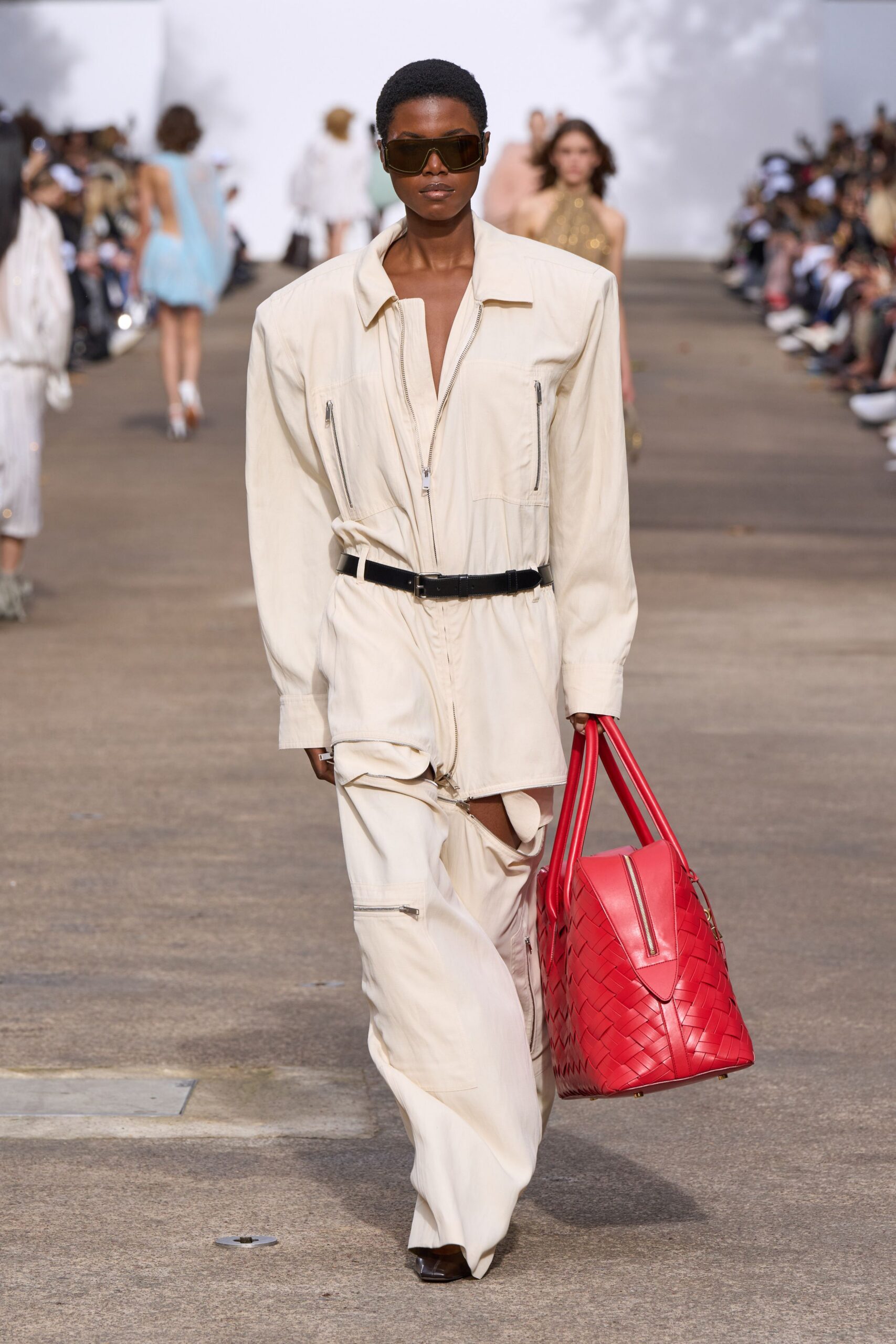 beige cotton long-sleeve collared relaxed zippered pockets jumpsuit