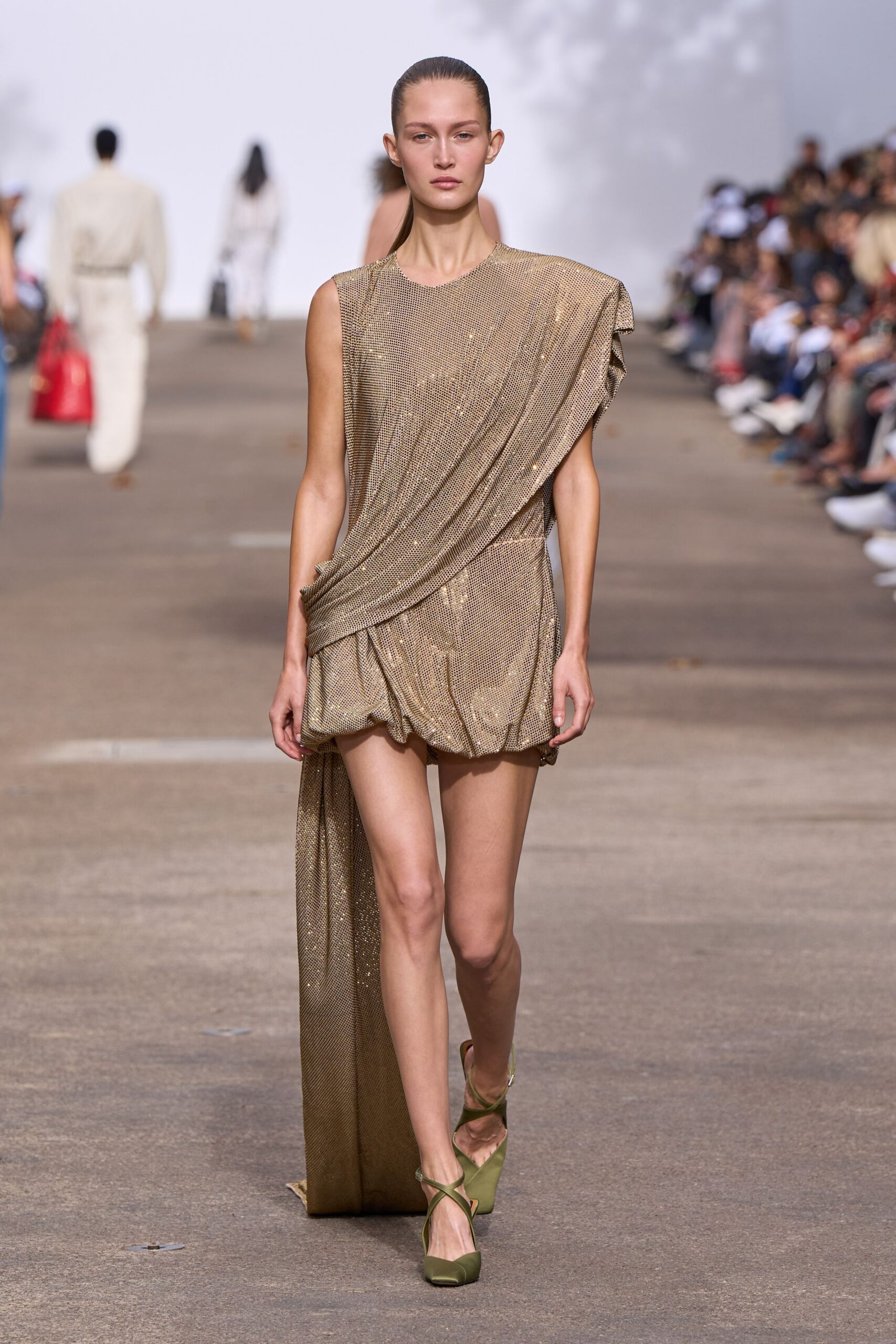 gold silk sleeveless asymmetric fitted draped shiny dress