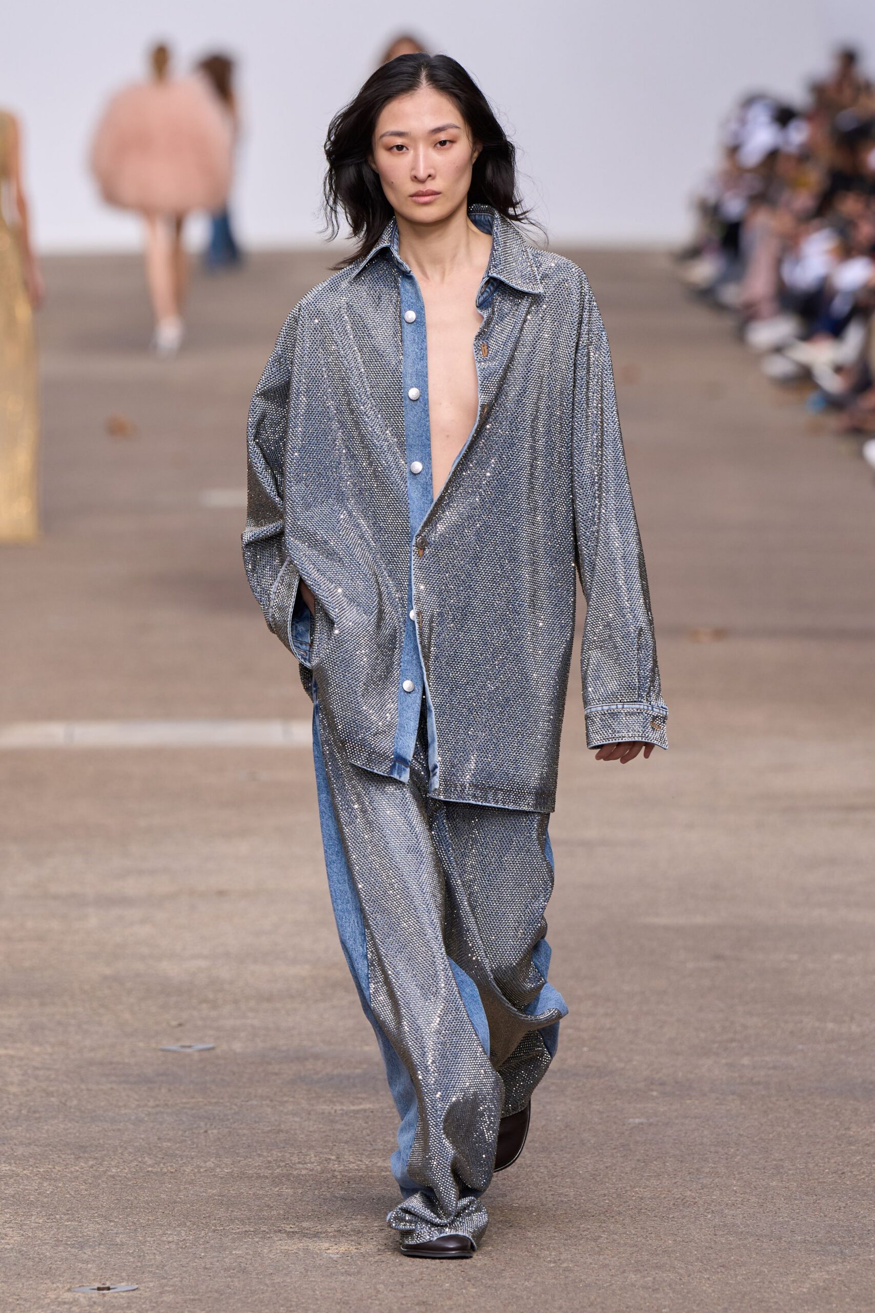gray denim long-sleeve collared oversized buttoned shiny shirt