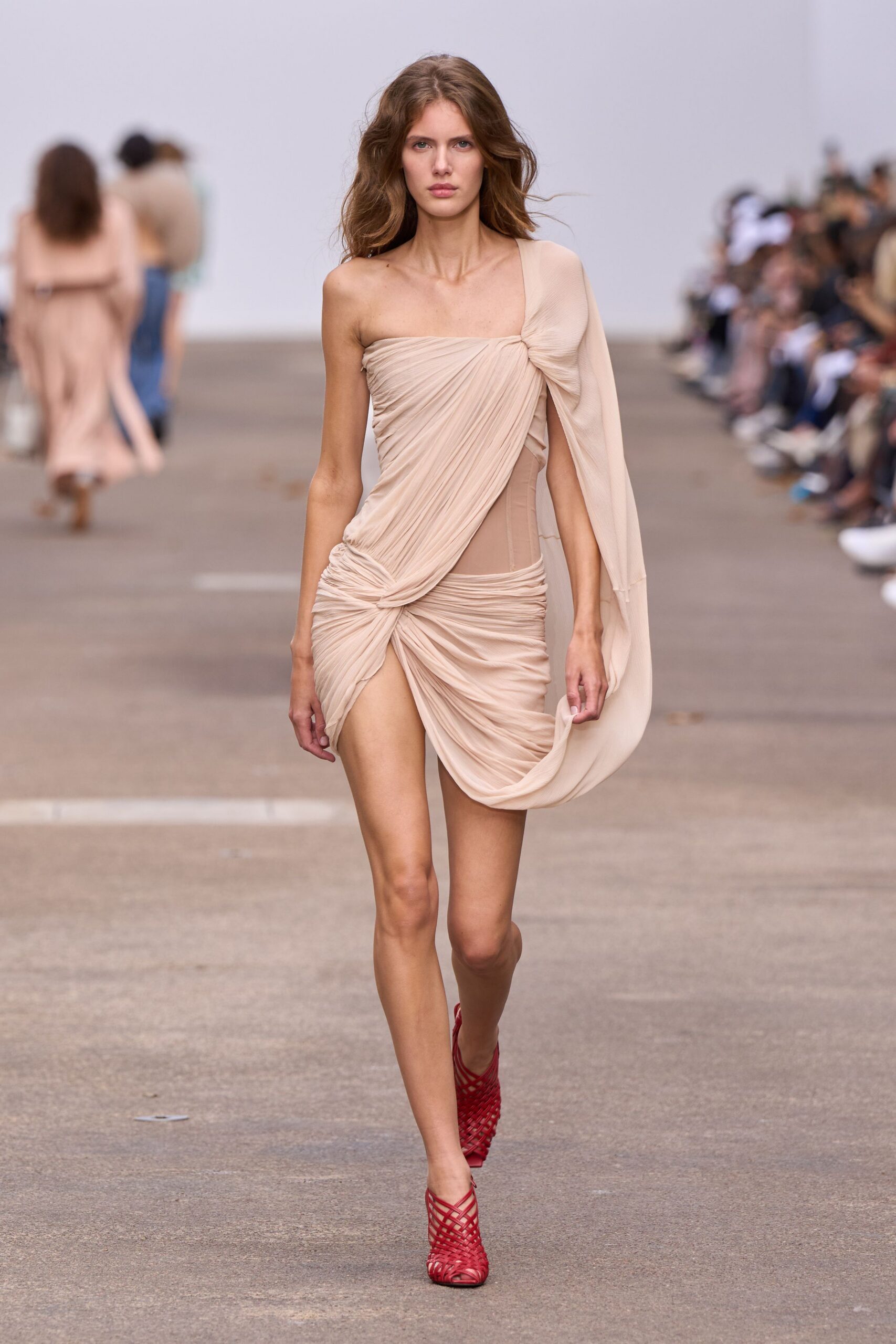 beige silk sleeveless asymmetric fitted ruched flowing dress