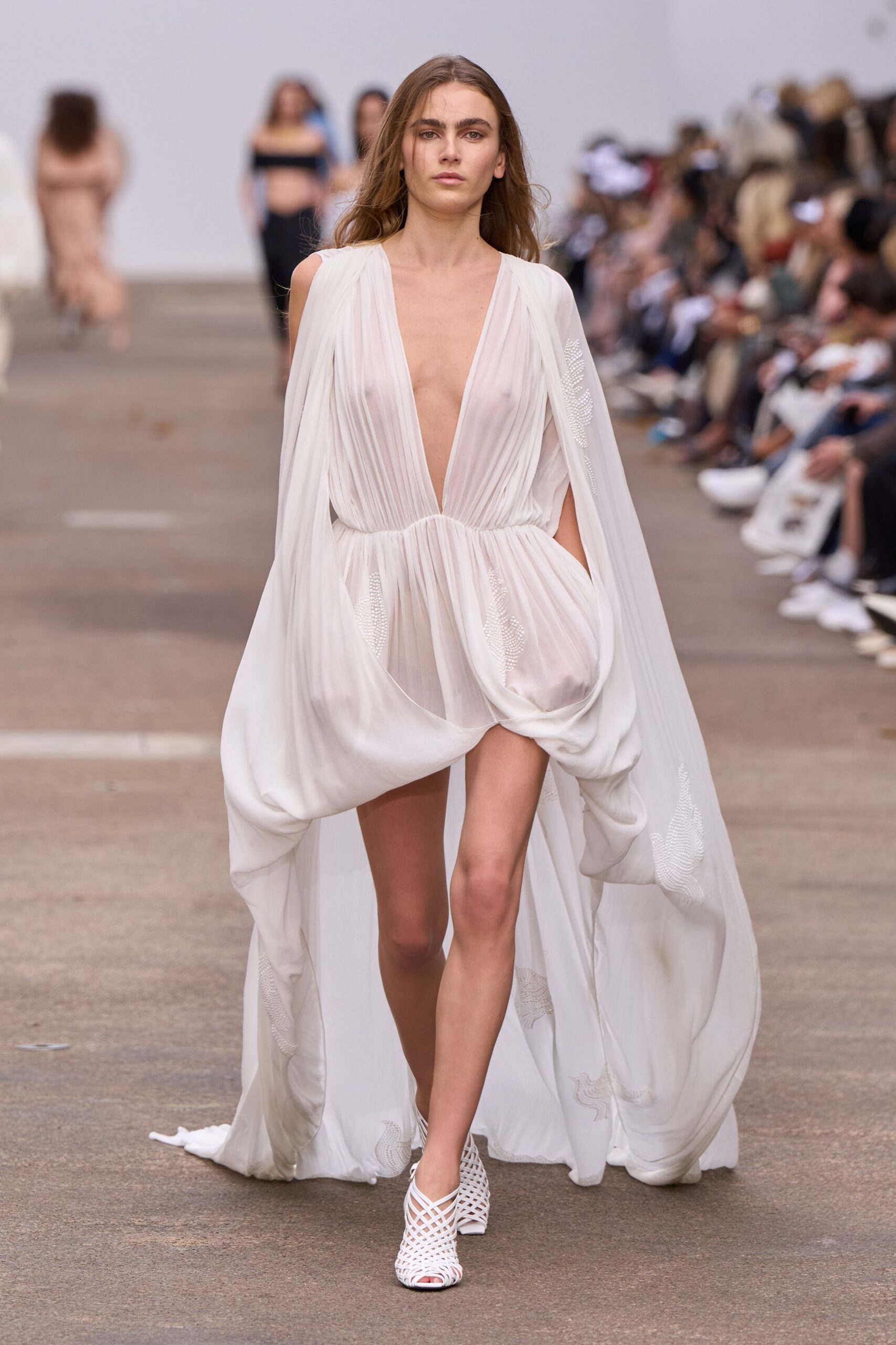 white silk sleeveless v-neck fitted draped flowing dress